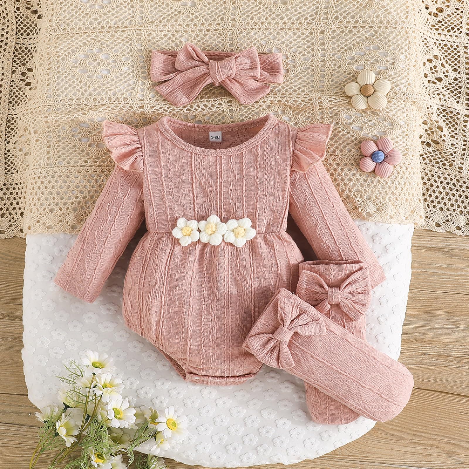 Kunyeah 3Pcs Vestiti per bambina Neonato Ruffle Romper Body a maniche lunghe+Fiocco per capelli+Calzini Tuta neonato a fiori