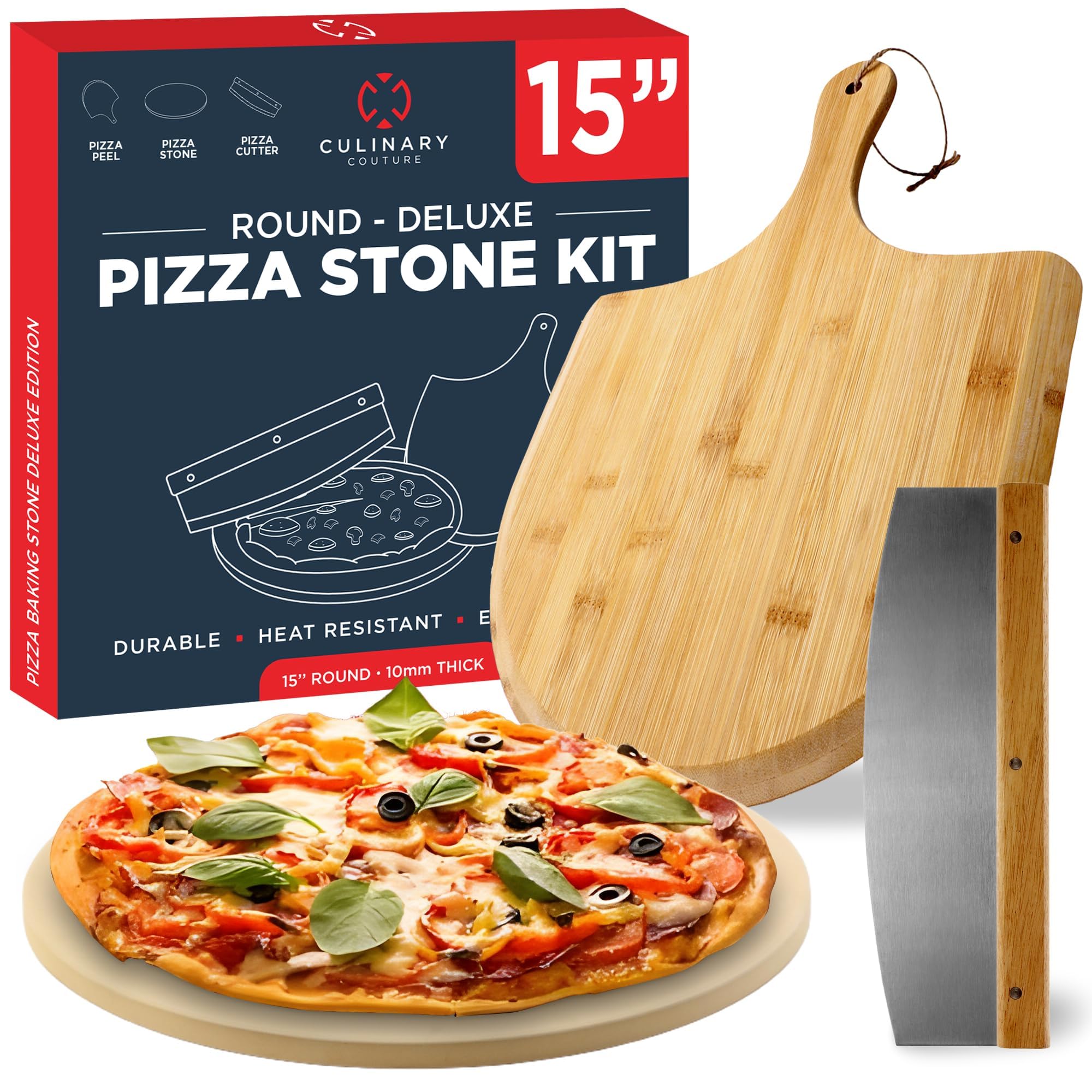 3PCS Round Pizza Stone for Oven Set 15" - Comes with Pizza Peel for Oven and Cutter - Cordierite Stones for Bread, Calzone, Cookies