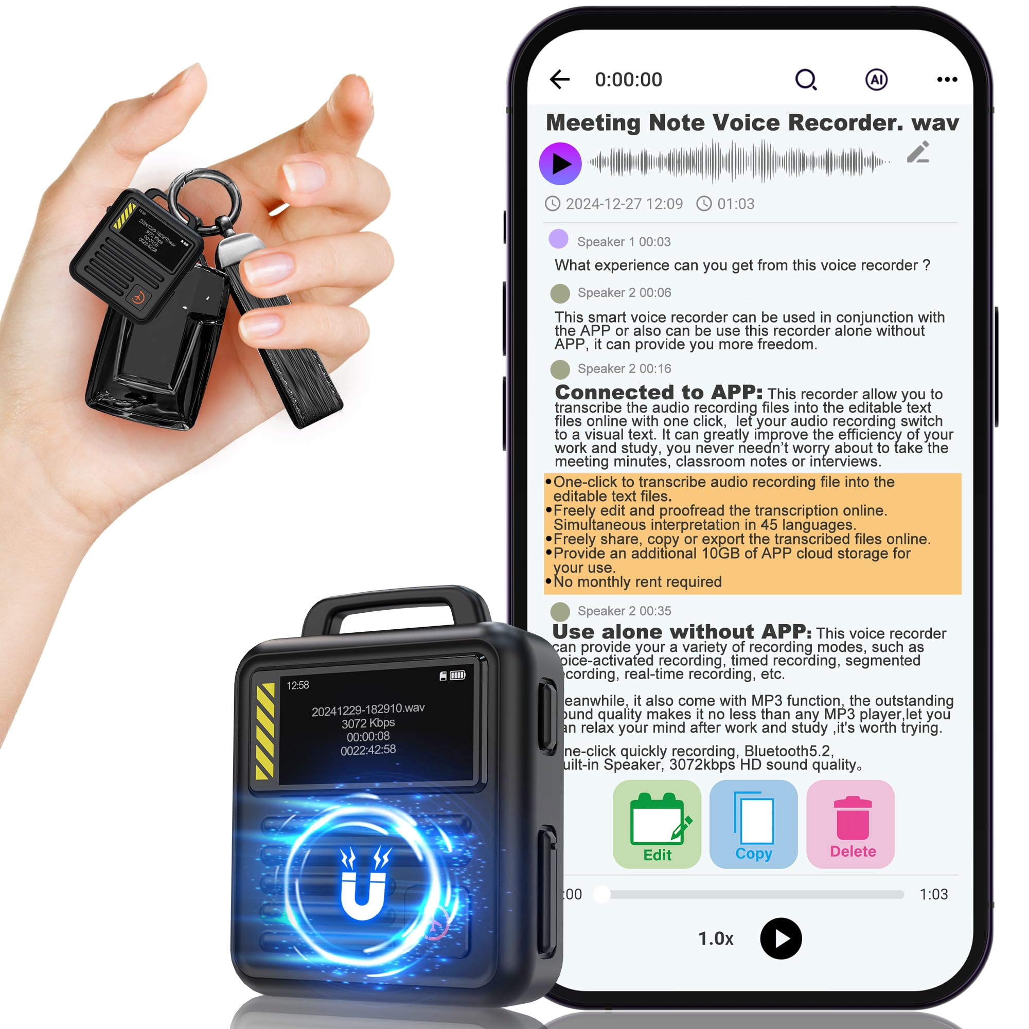 128GB (9680Hours) Digital Voice Recorder with APP Control,Moresen 3072kbps MP3 Audio Recorder with Transcribe & Summarize,HD DSP Noise Reduction Recording Device with Password, Black-image-32