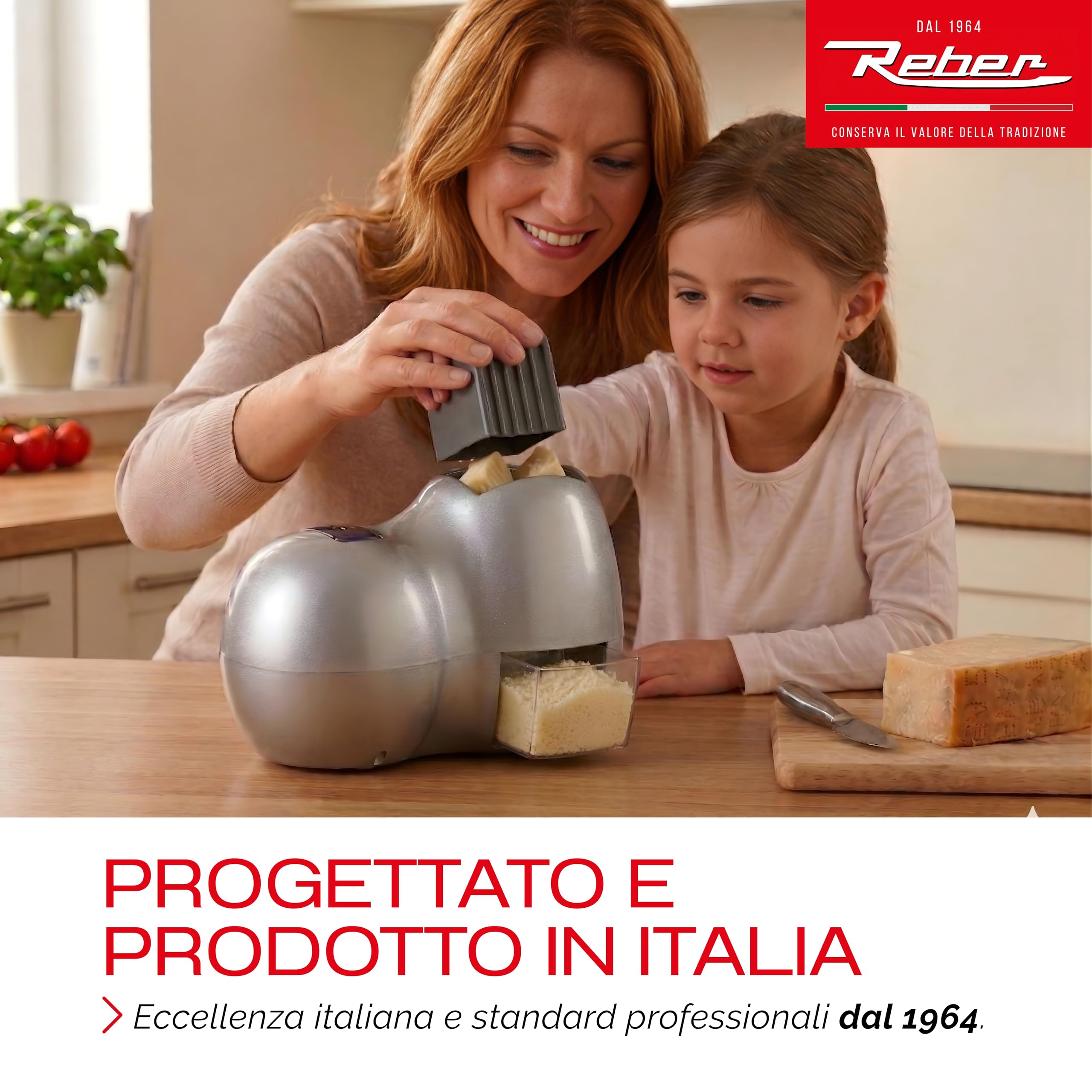 Reber Grattugia Elettrica per Formaggio 140W - Ideale per Parmigiano, Pane Secco, Cioccolato e Frutta Secca - Uso Continuo senza Soste - Facile da Pulire - Fido Silver