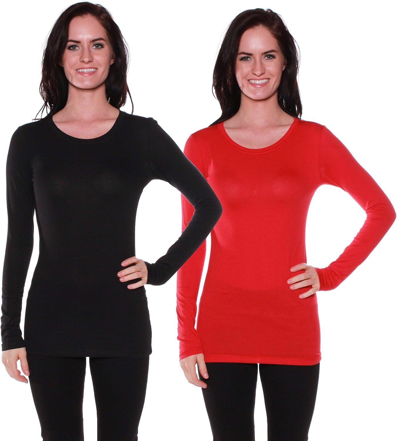 Active Basic Athletic Fitted Plain Long Sleeves Round Crew Neck T Shirt Top - Black/Red - Small