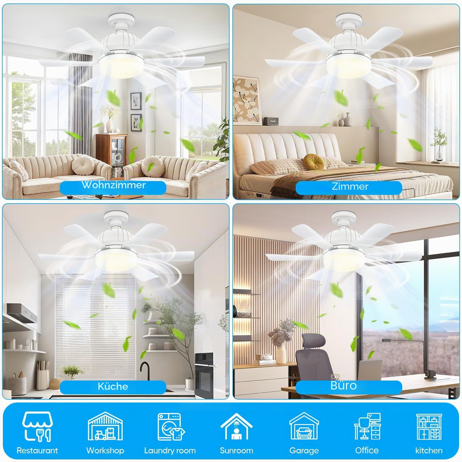 Kouamor 46cm Deckenventilatoren Mit Fernbedienung, E27 Deckenventilator Mit Beleuchtung, 3 Farben & 3 Geschwindigkeitsstufen, 2/4 Stunden Timer, FüR Wohnzimmer Schlafzimmer (Weiß)