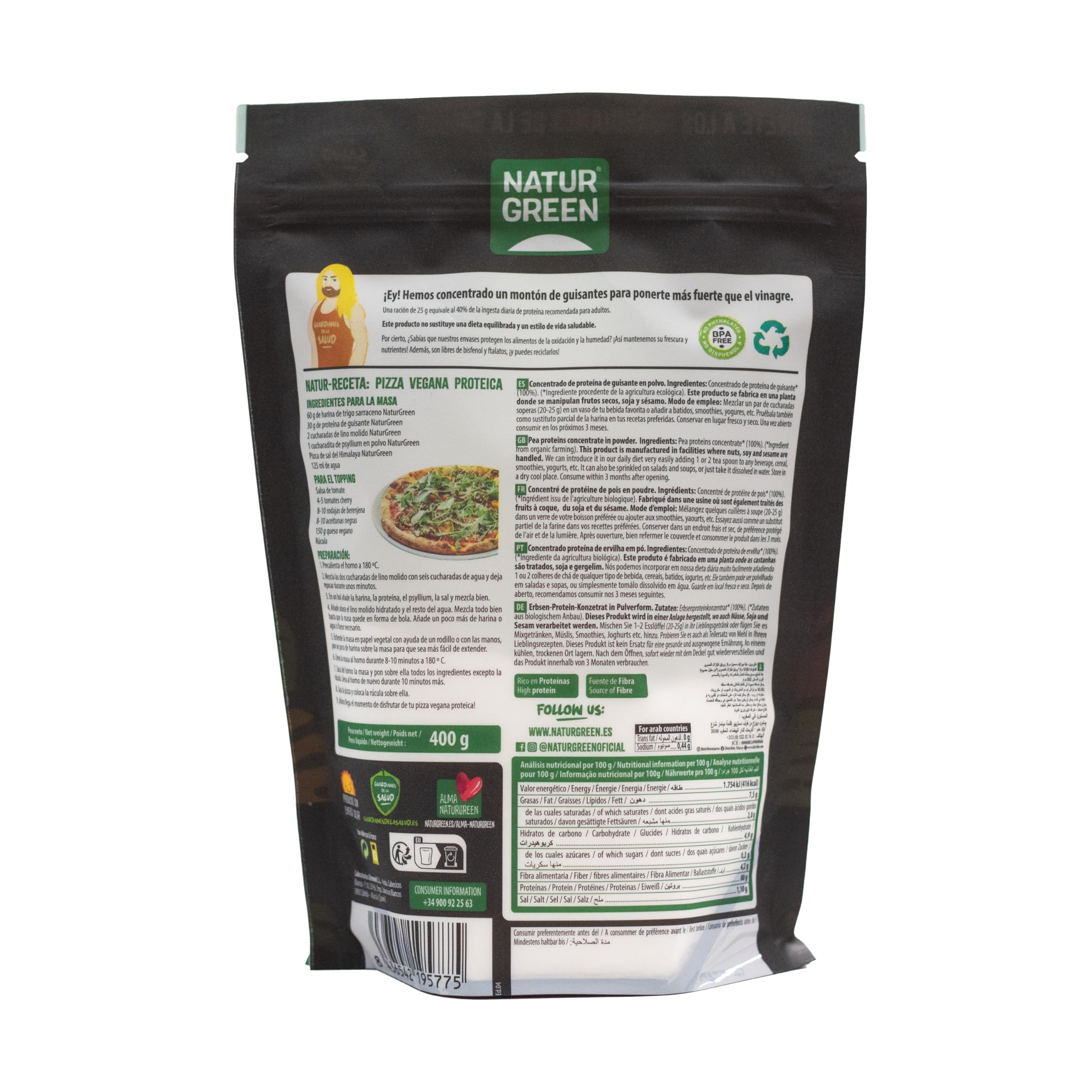 NaturGreen - Proteína de Guisante BIO, Concentrado de Proteína Ecológica, Superalimento, Polvo de Proteínas y Aminoácidos, 100% Vegano - Pack 10 Unidades de 400 g