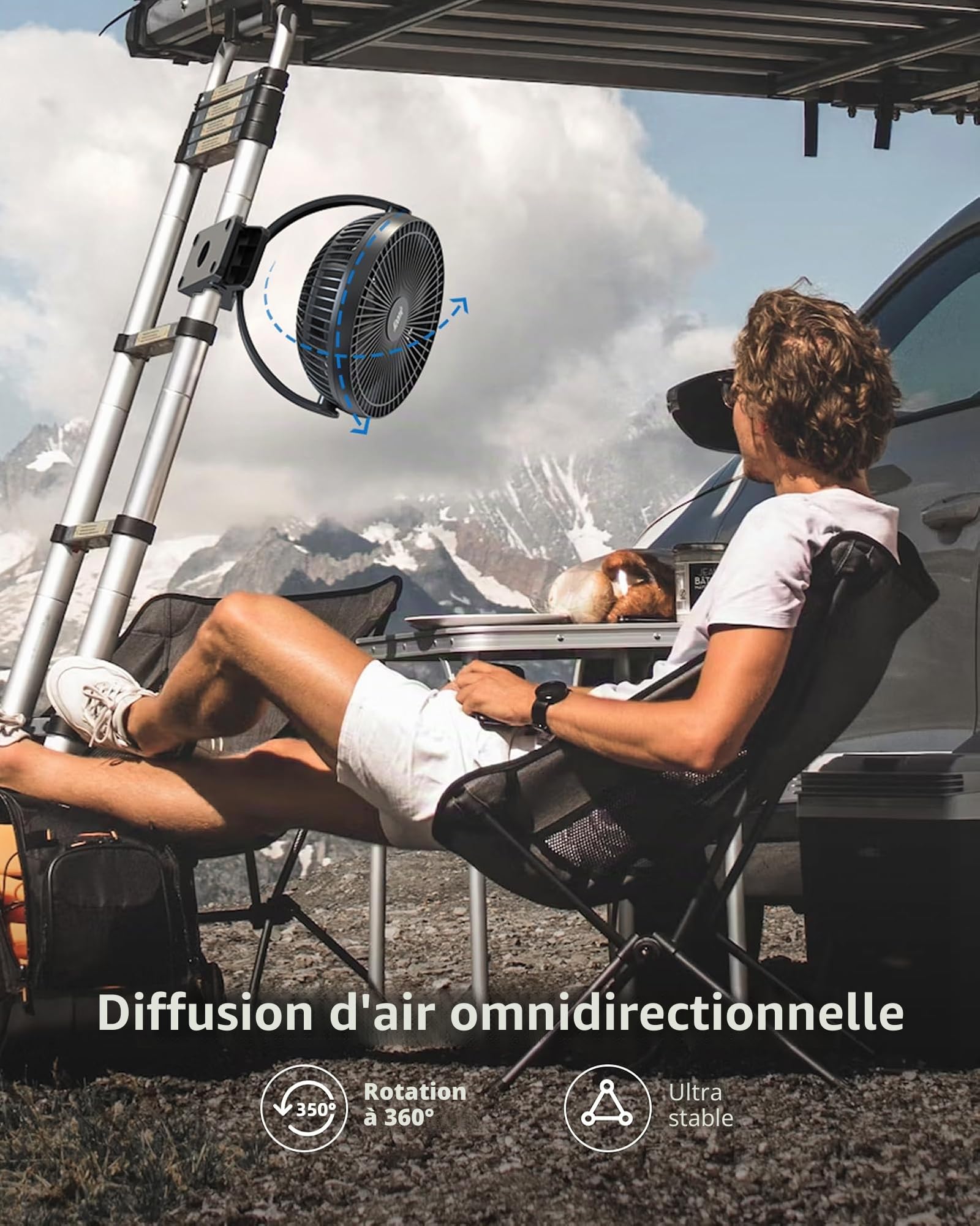 Koonie Ventilateur à Clip à Piles 10000 mAh 20CM, Ventilateur USB portable, 4 Vitesses, débit d'air puissant, Pince Robuste pour Bureau Personnel, Voiture de Golf, Voyage en plein air, Camping (Noir)