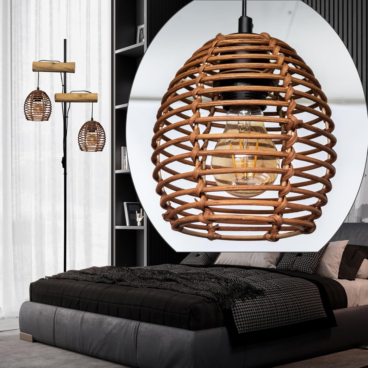 Rattan Lampshades,Woven Wicker Hanging Lamp Covers Shade,Rattan Boho shade for wall sconce lamp shade replacement (Oval2pack-c)