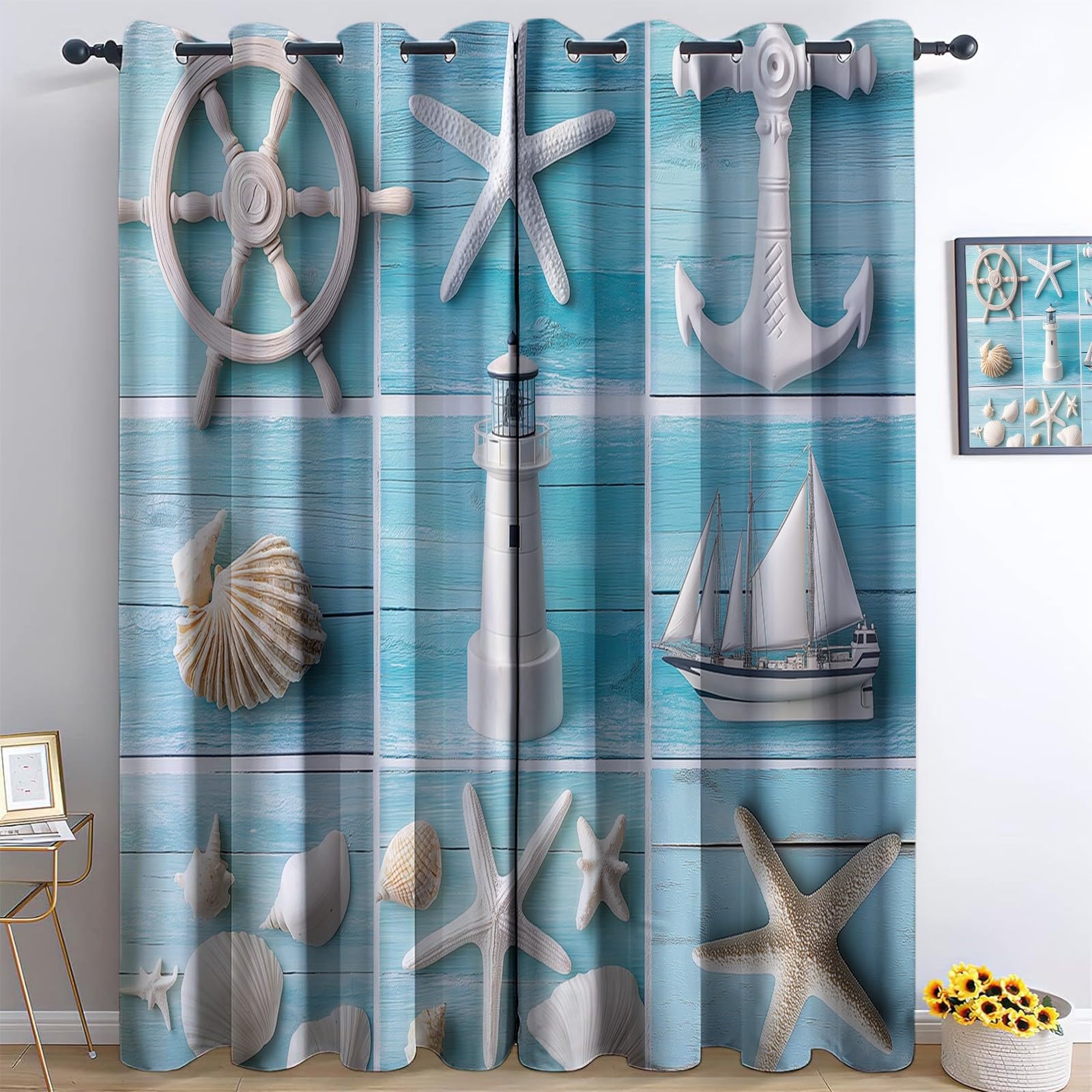 Rideaux opaques à œillets bleu effet grain de bois marin