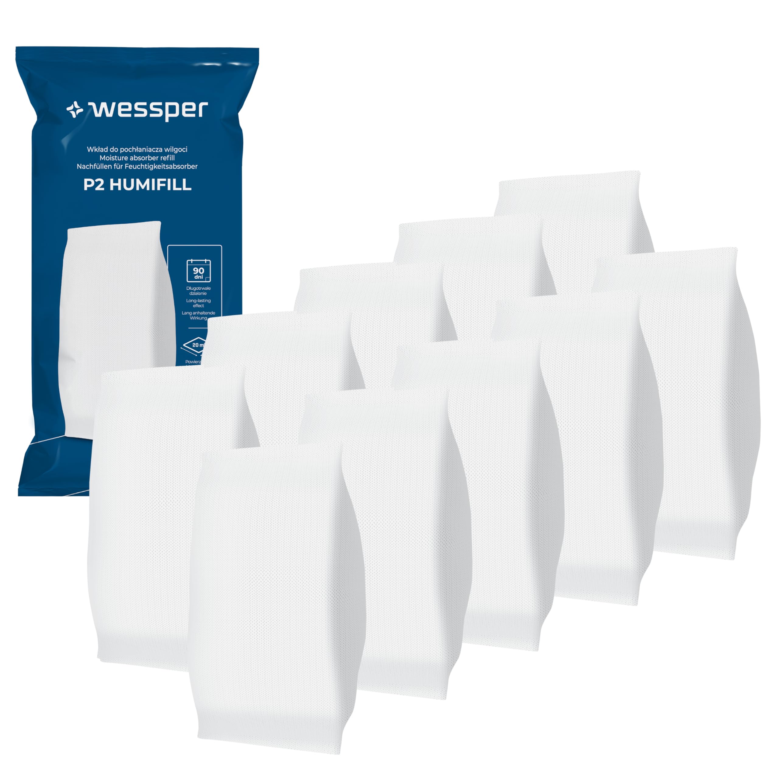 Wessper Lot de 10 Recharges Absorbeur d'Humidité 250g. Sachets Universels Compatibles Tous Modèles. Contre l'Humidité, la Condensation, la Moisissure et les Odeurs. Idéal Salle de Bain, Cave, Armoire