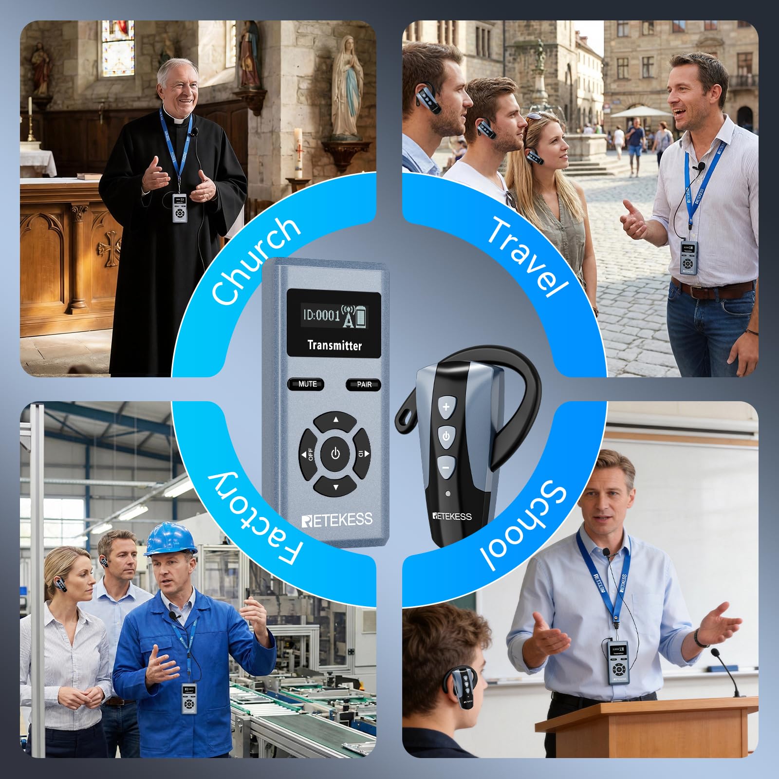 Retekess TT106S Bezprzewodowy System Tour Guide, Słuchawki z Zaczepem na Ucho, 2.4G, 200 m, Port Ladowania USB, dla Grup Turystycznych, Sesje Szkoleniowe (1 Nadajnik, 10 Odbiorników)