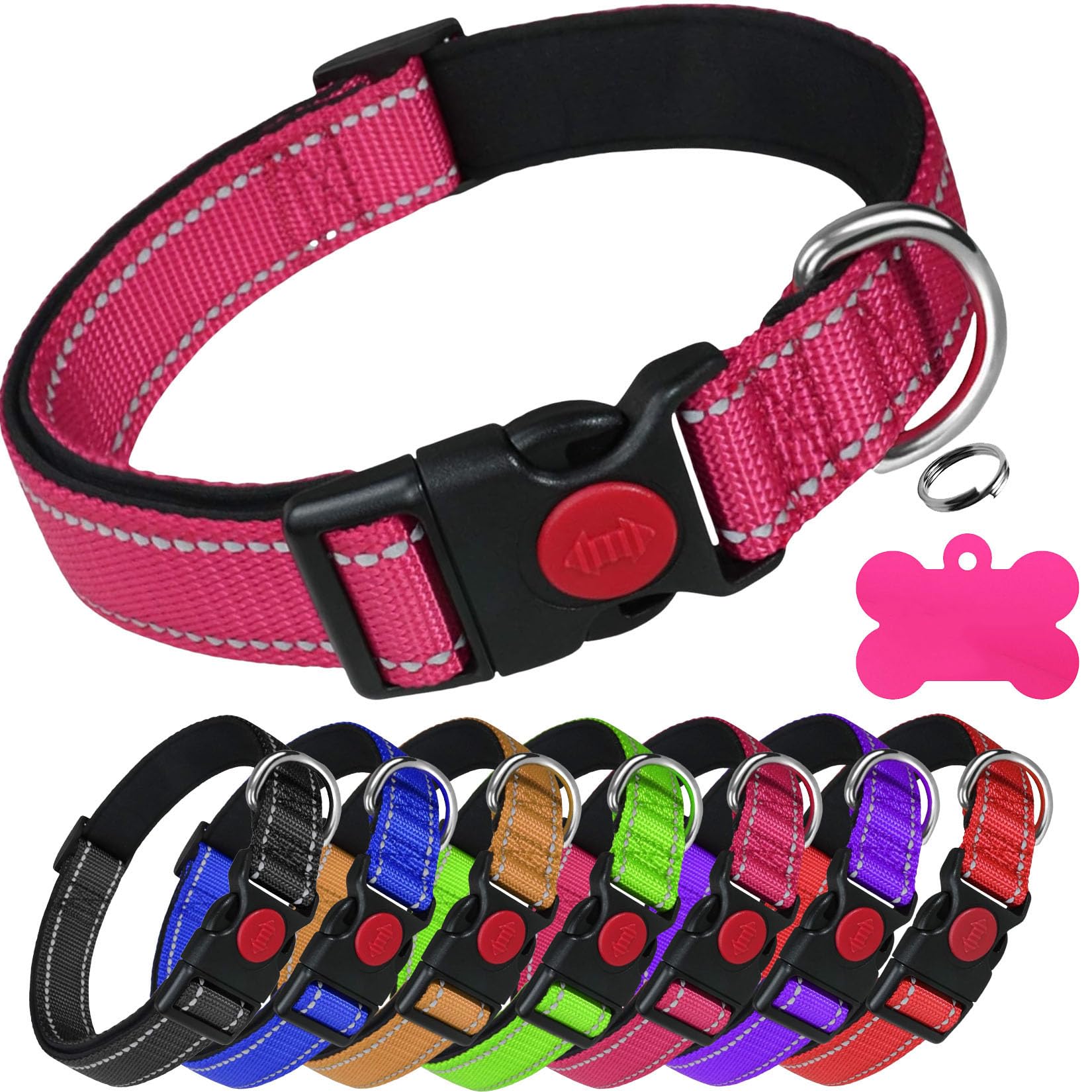 LARRYROO Reflective Dog Soft Padded Nylon Collar | Slide Lock Safety Buckle | Fully Adjustable With Personalised Engraved Matching Colour Bone Shaped Tag (Pink, Extra Large (45cm - 70cm Neck))