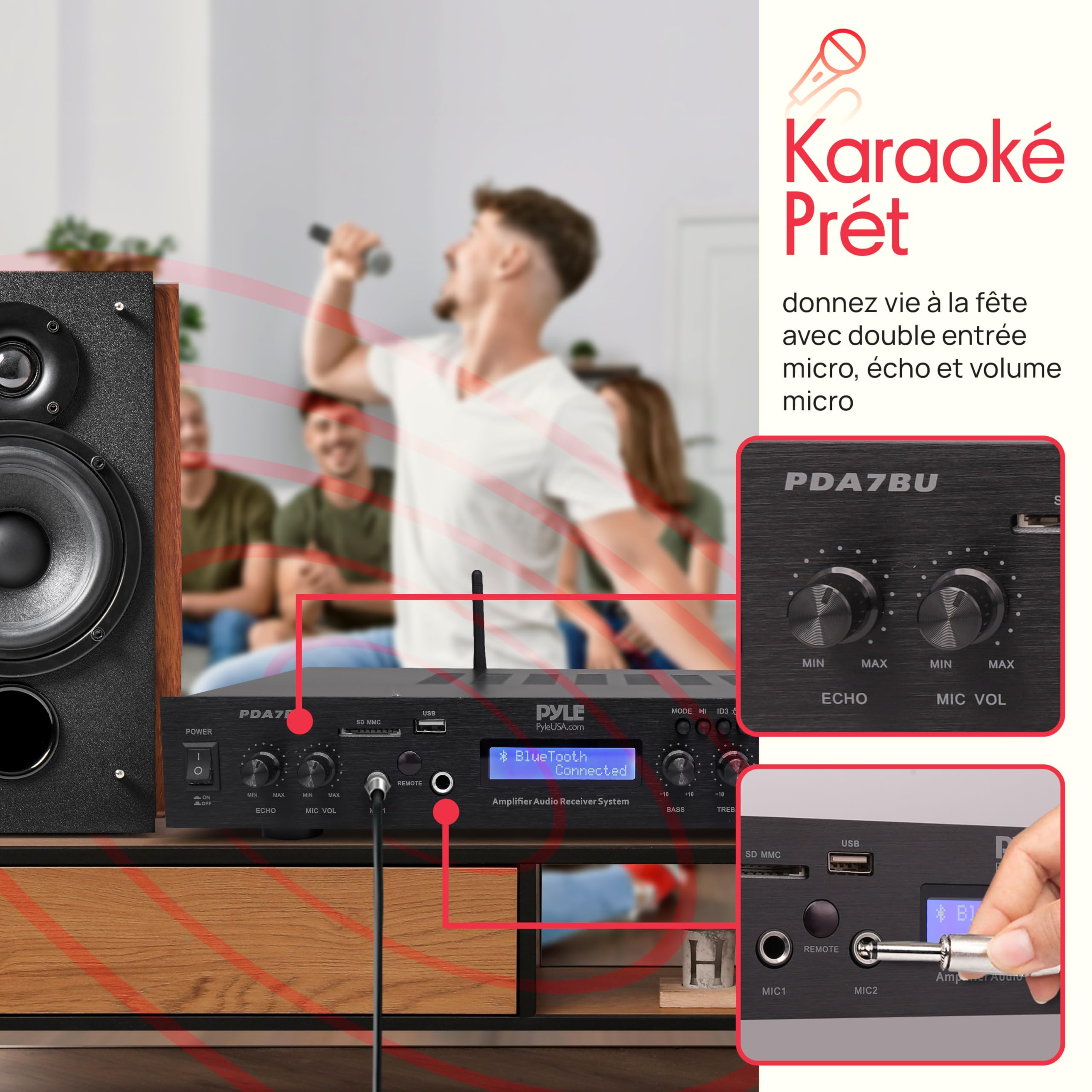 Pyle Ampli Bluetooth 5 Canaux à Montage en Rack, Amplificateur de Haut-Parleur Home , Streaming Bluetooth sans Fil, MP3/USB/SD/AUX/Radio FM, 200 Watts avec LCD ID3 Numérique, Noir