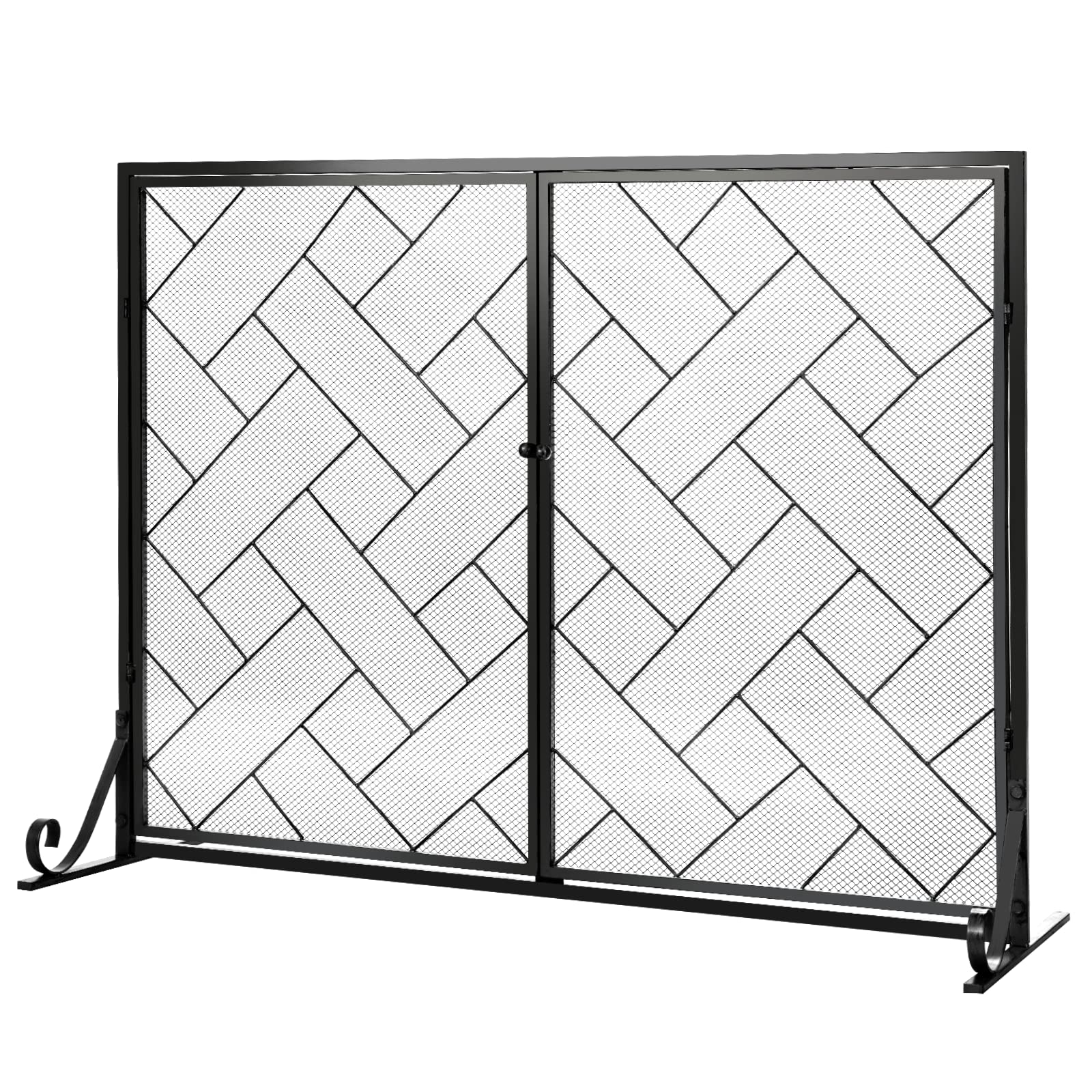 TANGZON Fire Guard with Double Doors, Wrought Iron Mesh Fireplace Screen with Stand, Indoor Outdoor Spark Flame Protection Barrier for Open Fire, Pet, Child & Baby, 113x40x85cm (Black)