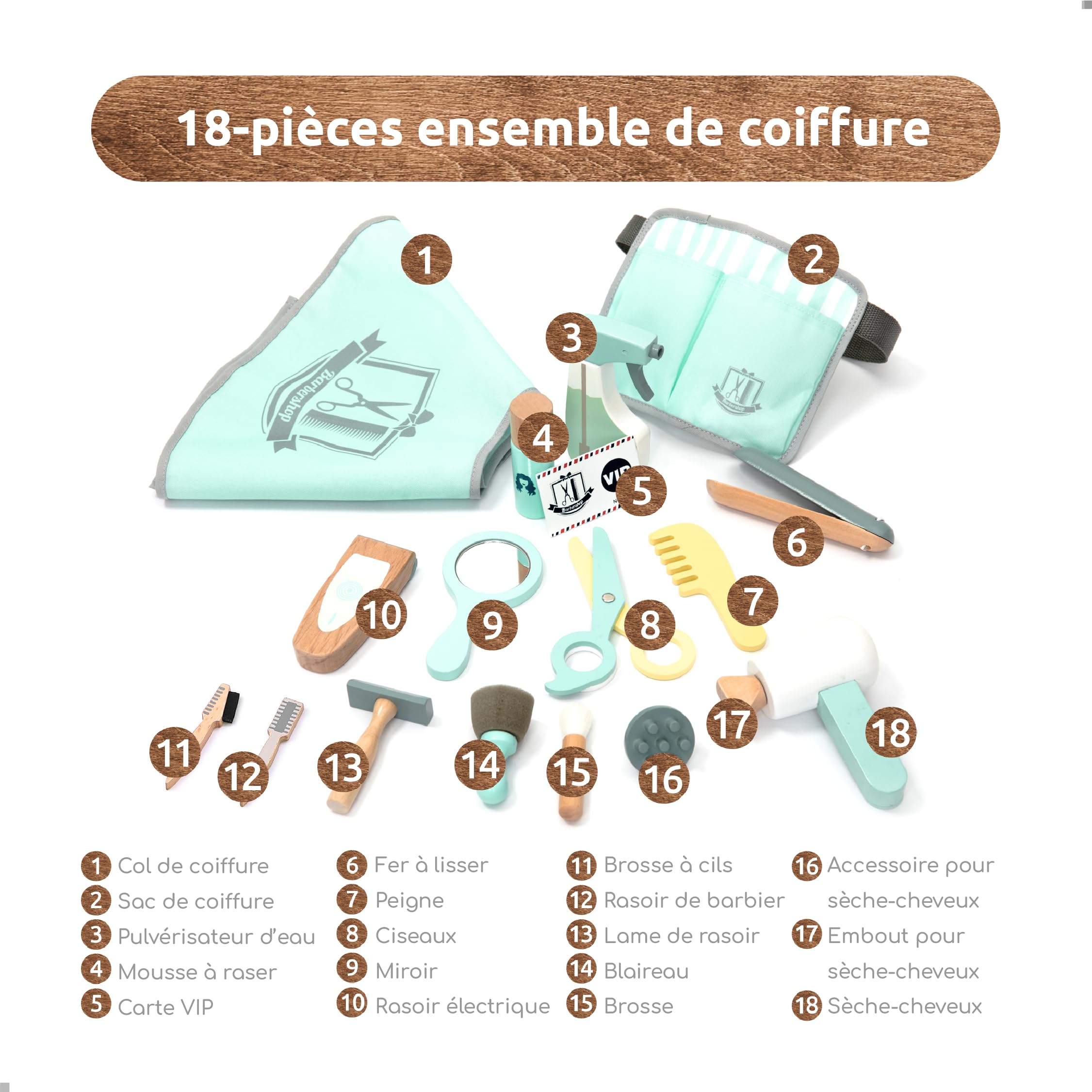 UMU® Kit de Jeu de Coiffeur en Bois pour Enfants avec Sac pour Outils de Coiffure INCL. Cape de Coiffeur, Ciseaux, Lisseur etc., Jeux d'Imitation de Coiffeur, 18 pièces, pour Enfants de 3, 4, 5 Ans
