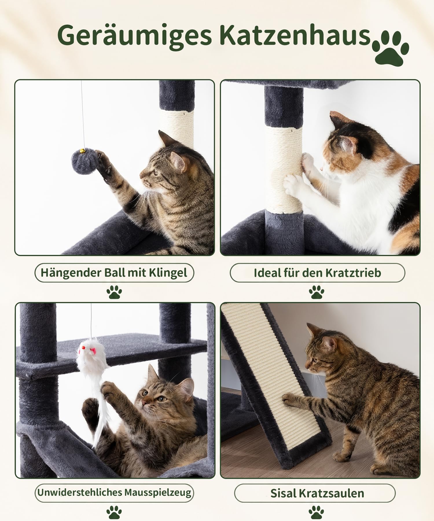 Albero per gatti, torre per gatti di grandi dimensioni, 213 cm, torre per gatti di grandi dimensioni, torre per gatti da interni, con 11 pali tiragraffi in sisal, 2 spaziosi condomini, amaca