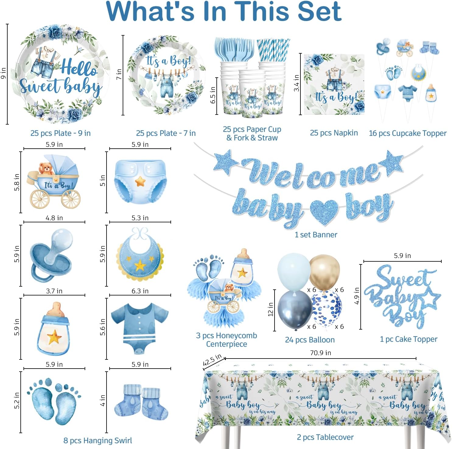 cocomigo 363PCS Blue Baby Boy Shower Decorations Tableware Set, 50 Serves Disposable Plates and Napkins Set, with Cake Topper, Centerpieces, Banner, Tablecloth, for Baby Boy Baby Shower Decorations