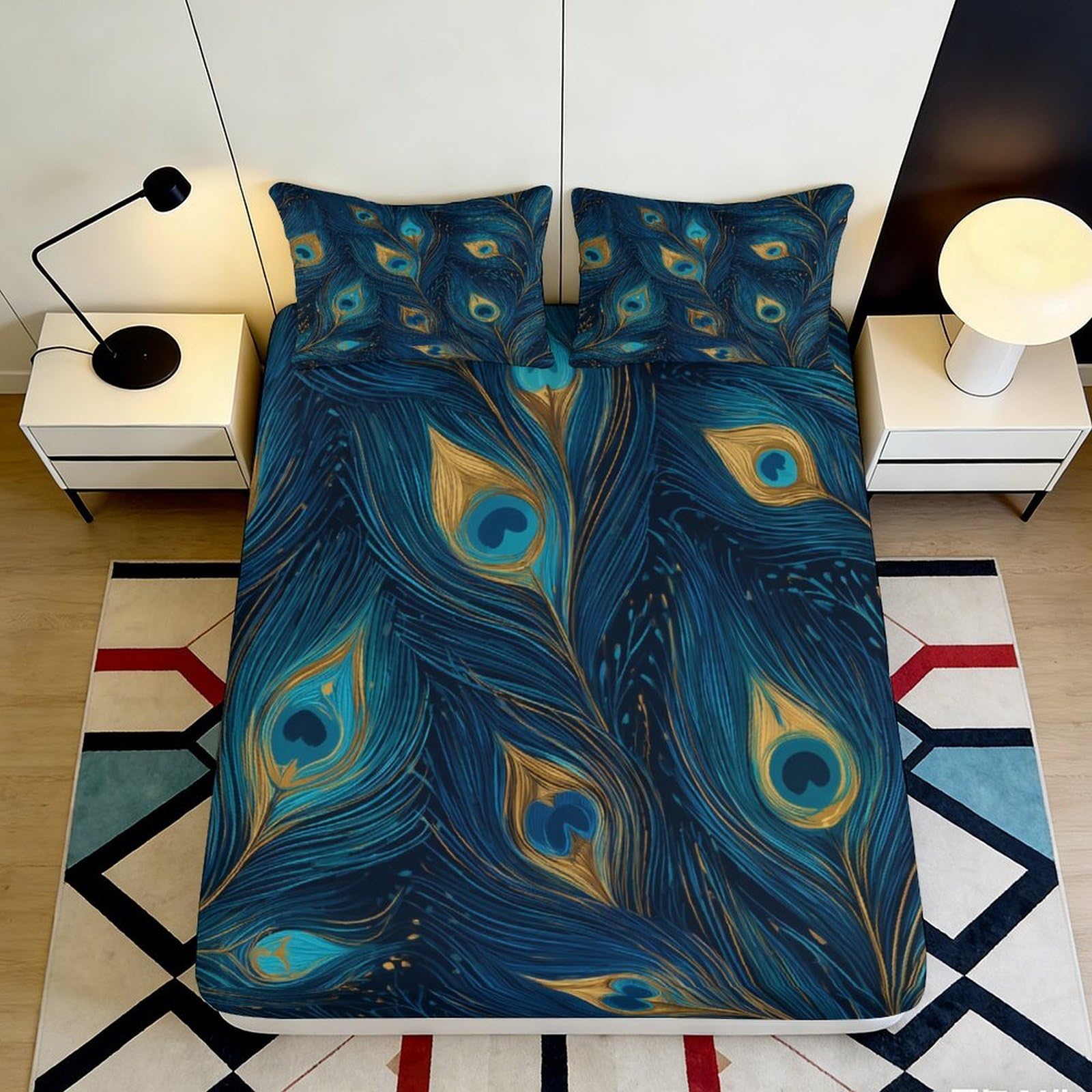 3D Printed Peacock Feather Fitted Sheet Microfiber Soft Blue Gold Mattress Cover Bedroom Decor Dorm 90x200x25cm