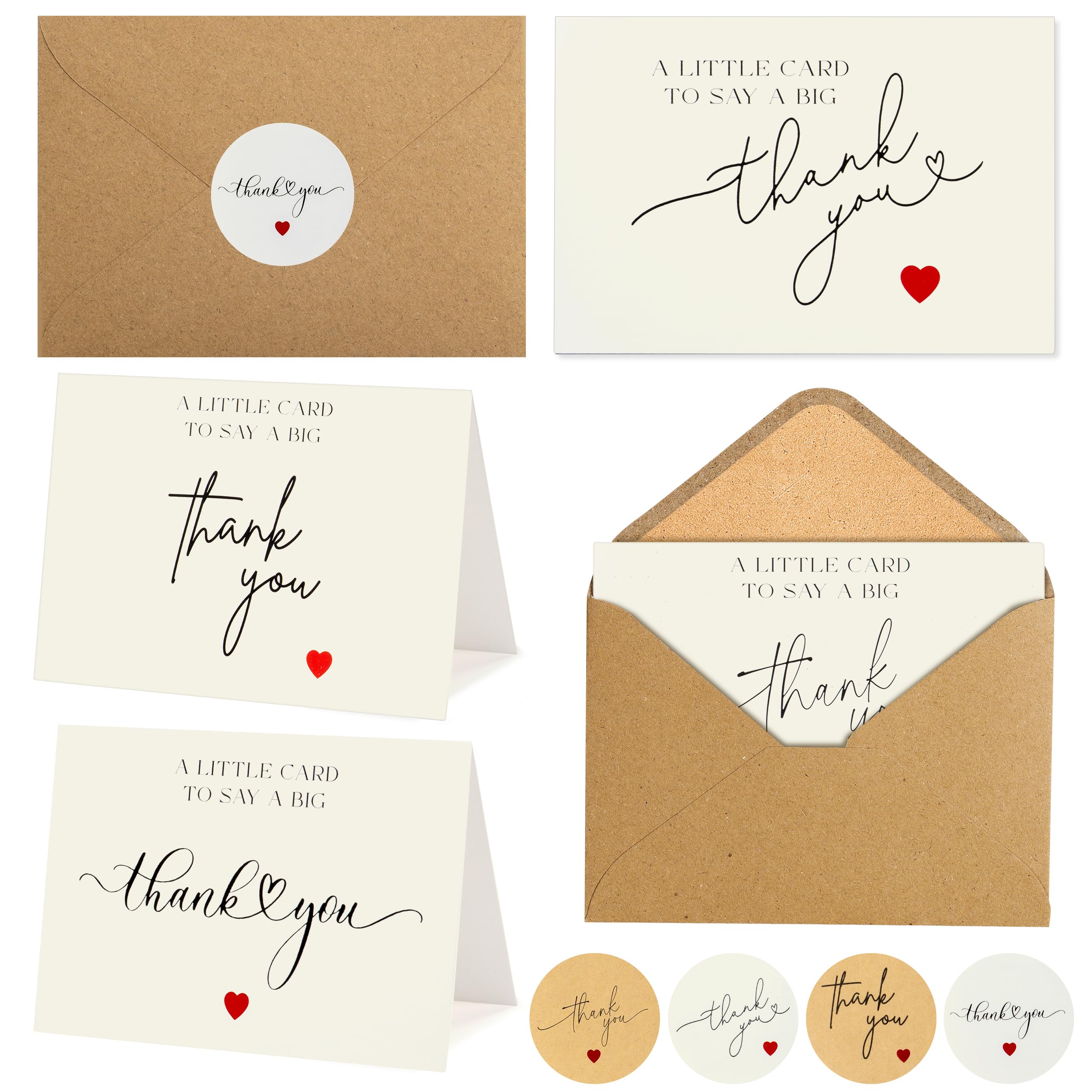 100 Bulk Thank You Cards with Kraft Envelopes and Stickers - 4 Minimalistic Designs Blank Thank You Notes with Envelopes and Heart for Business