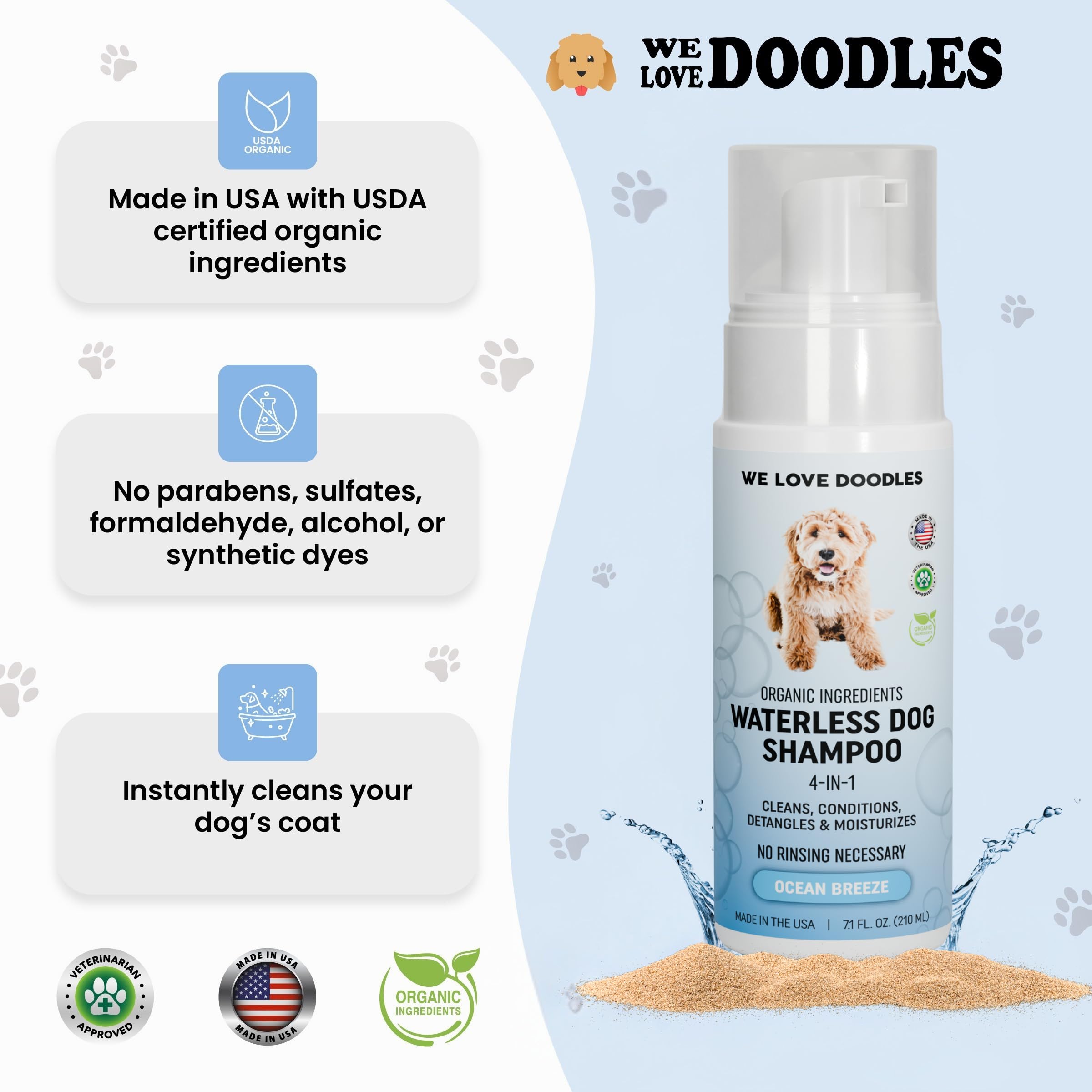 Waterless Dog Shampoo - Over 200+ Sprays Per Bottle - Cleans & Moisturizes Coat, No Rinse Dog Shampoo, Safe Foam Formula & Pet-Friendly Dog Deodorizing Spray, 7.1 oz (Ocean Breeze) [We Love Doodles] - image 2