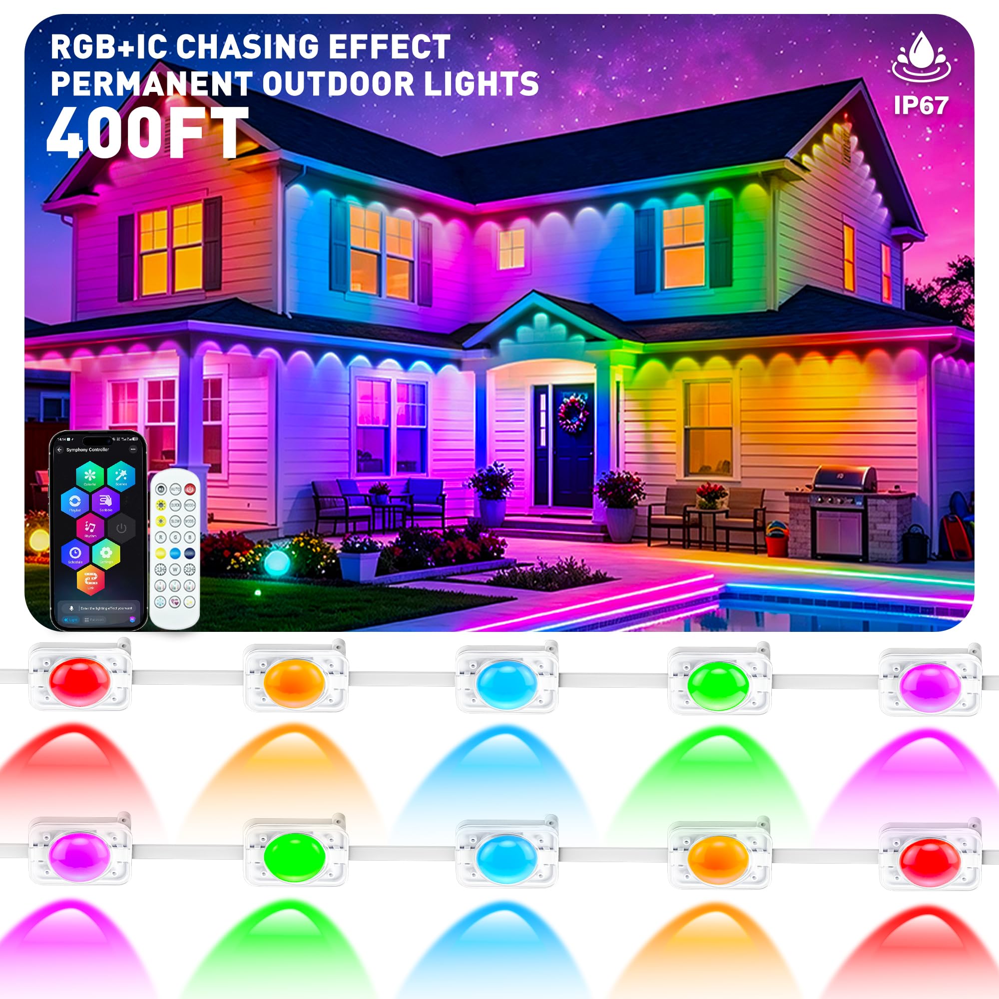 400FT Permanent Outdoor Lights, Smart RGB+IC Eaves Lights for House, App & Remote Control, LED Roofline Lights, Waterproof Exterior House Lights for Year-Round Christmas & Holiday Lighting