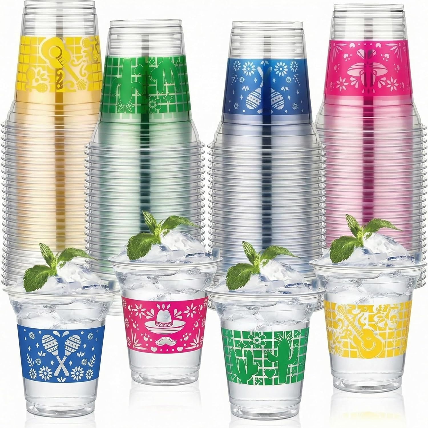 SiliFine 100 Pcs Fiesta Cups 14 oz Mexican Plastic Cups Bulk PET Disposable Cinco De Mayo Fiesta Party Supplies Serape Clear Drinking Drinkware for Mexican Party Favors Decorations(Striped)