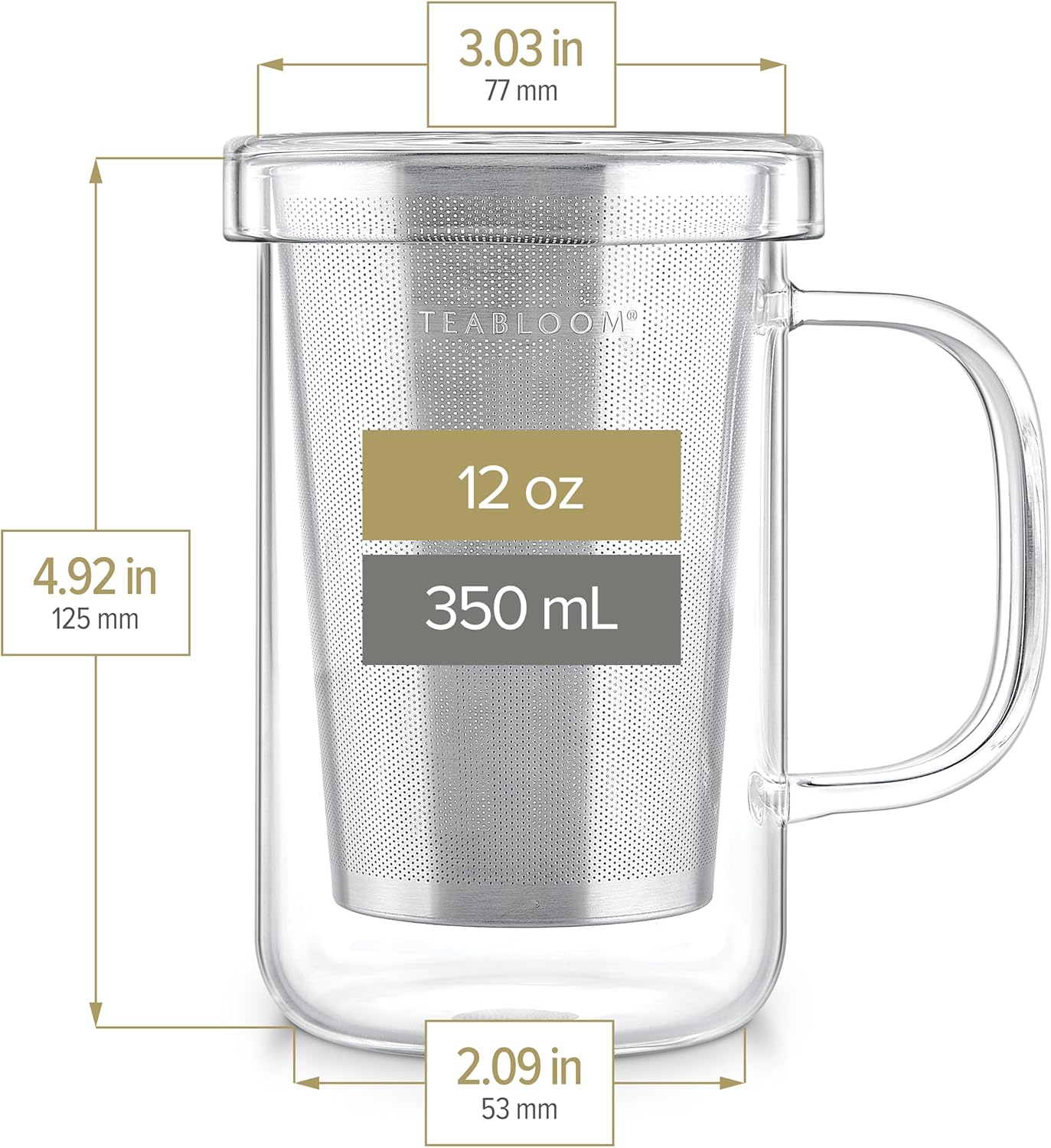 Teabloom Premium Borosilicate Glass Mug with Stainless Steel Loose Leaf Tea Infuser and Lid/Dish - 12 Ounces (350 mL) - Image 4