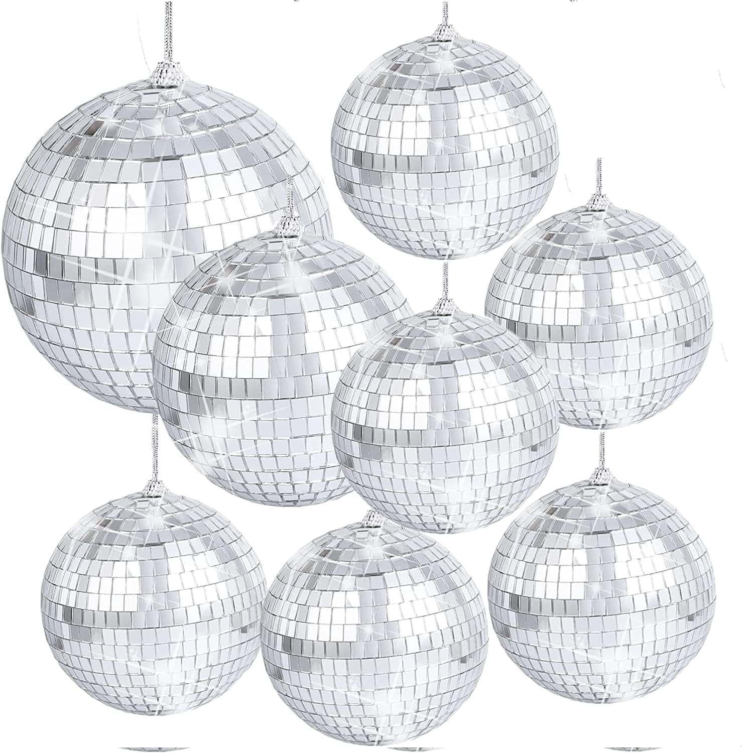 8 Pieces Mirror Disco Balls Silver Hanging Mirrors Ball 6/10/15cm 70s 80s Party Decoration DJ Light Effect Stage Props Glitter Ball for Retro Fun Parties Home Bands Decorations