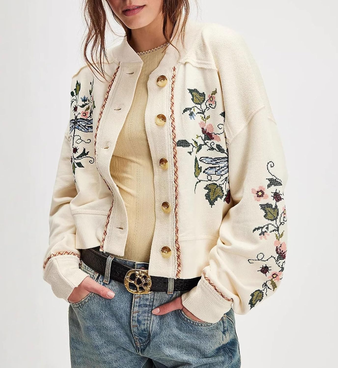 loveimgs Women Chunky Knit Cardigan Embroidered Button Cardigan Jacket Crop Sweatshirt Outwear Collarless Fall Outfits 2025