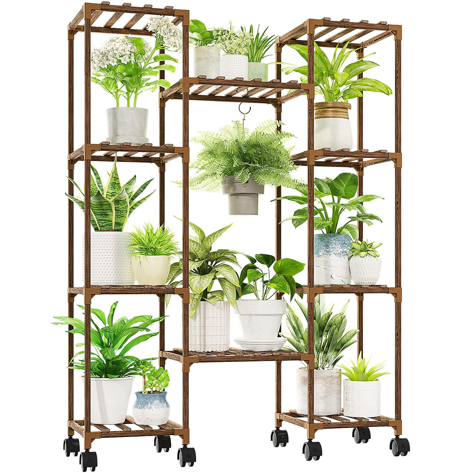 GENTINGBRO Plant Stand with Wheels Outdoor Indoor Hanging Plant Shelf for Multiple Plants Tall Large Holder for Living Room Patio Balcony Garden