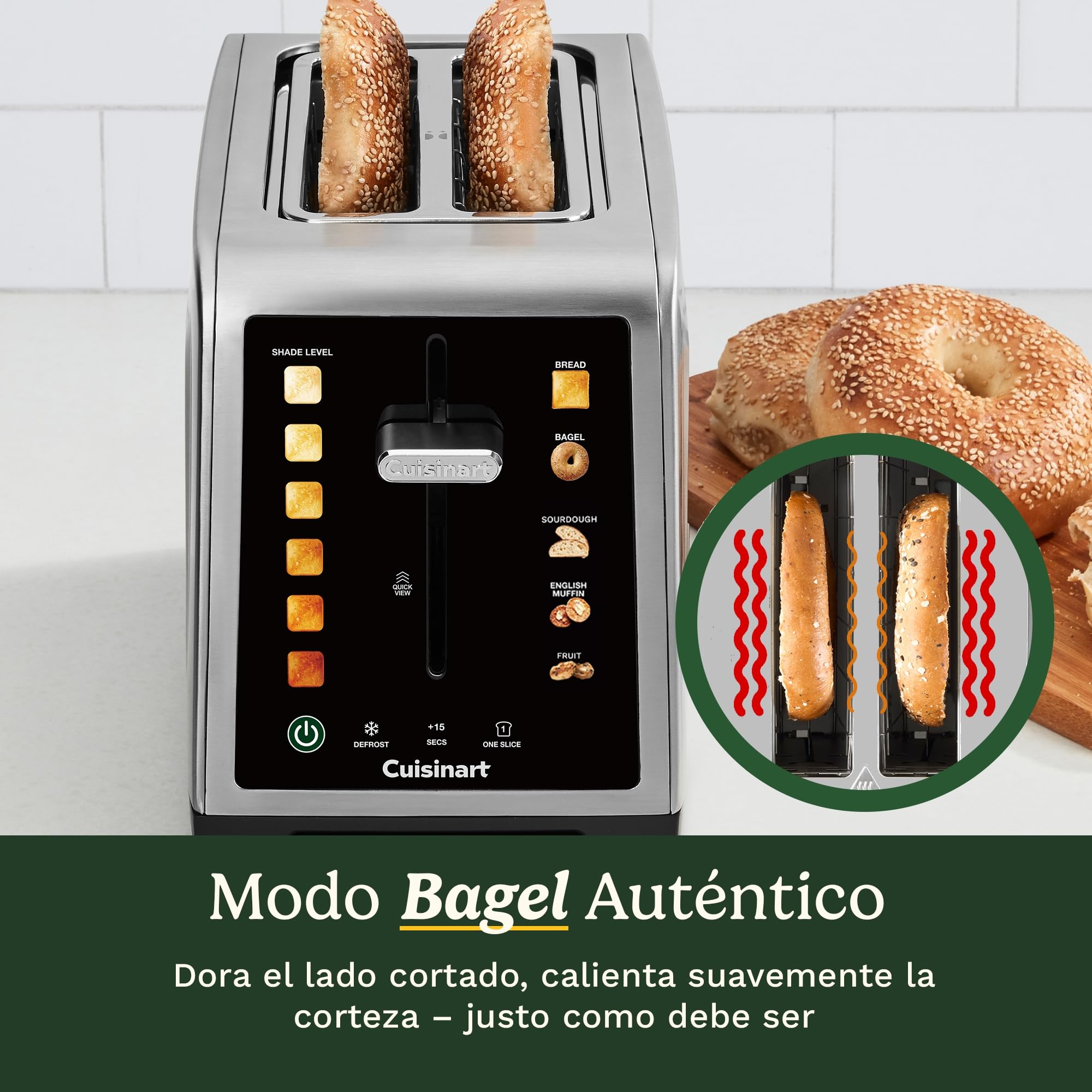 Cuisinart SimpliTouch XL Tostadora 2 Rebanadas | Ranuras XL | Pantalla Táctil | High-Lift QuickView™ | Programas Pan, Bagel, Masa Madre | Funciones Descongelar, Boost +15s | Acero Inoxidable