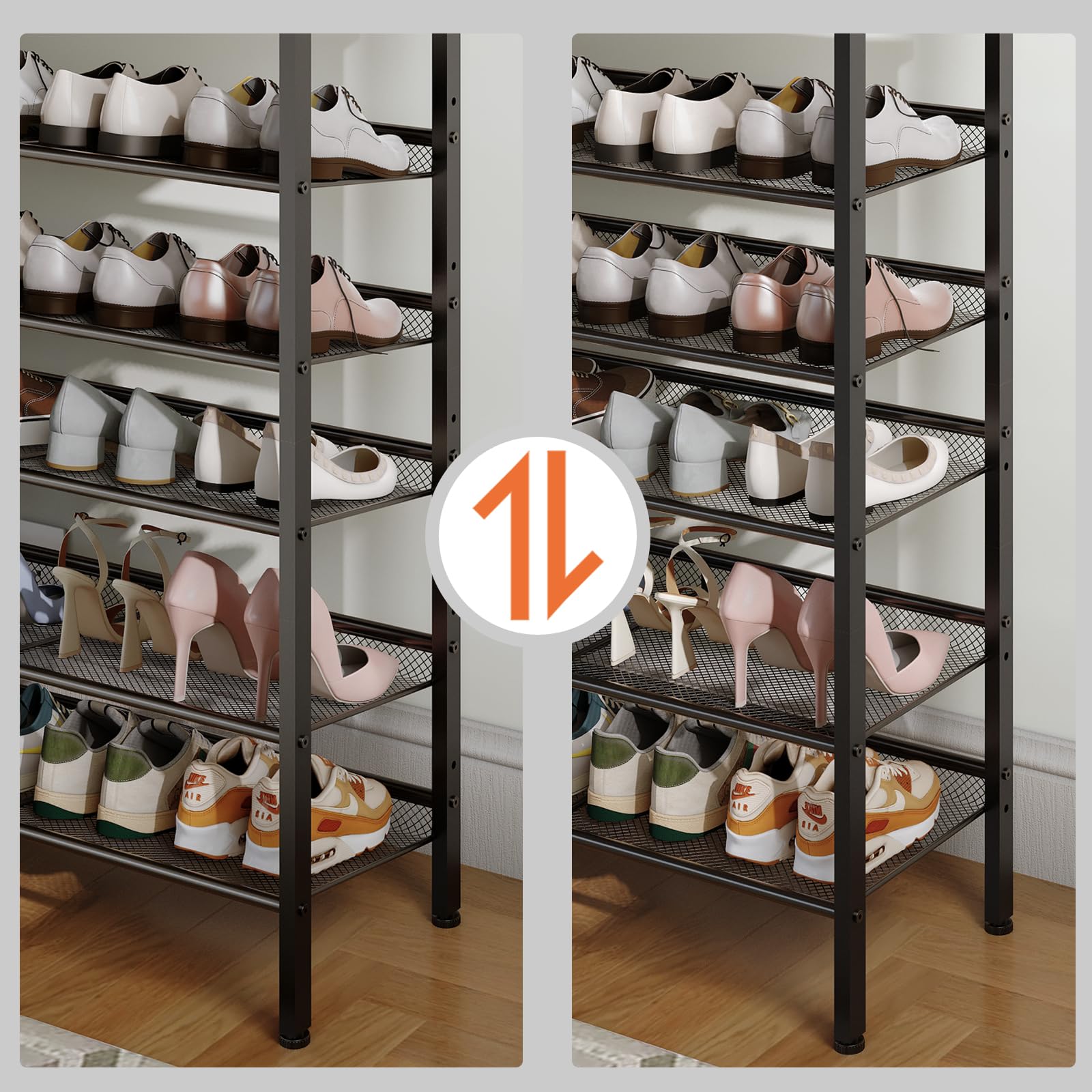HOOBRO Zapatero, Estantería Zapatero de 6 Niveles, Repisas de Malla Metálica Ajustables, Capacidad para 20-24 Pares, Resistente, Estante Superior Espacioso, Metálico, Marrón Rústico y Negro EBF60XJ01