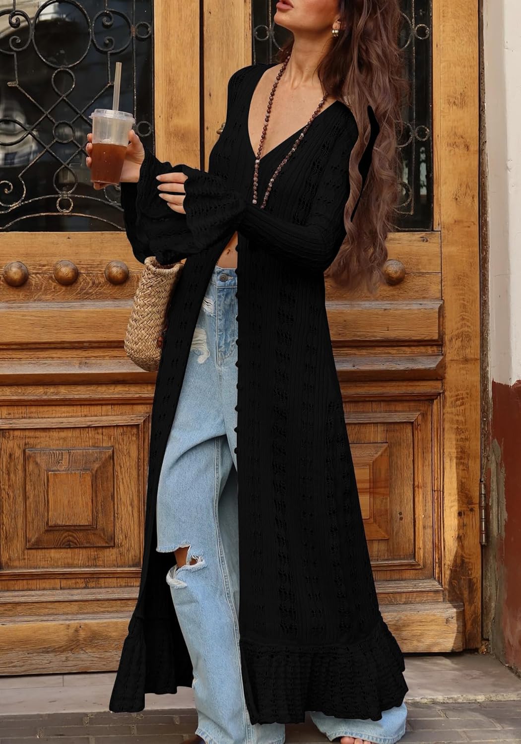 Famnbro Womens Crochet Long Cardigan Long Sleeve Duster Hollow Out Sweater Knit Dress Cover Up Vacation Outfits - Image 2