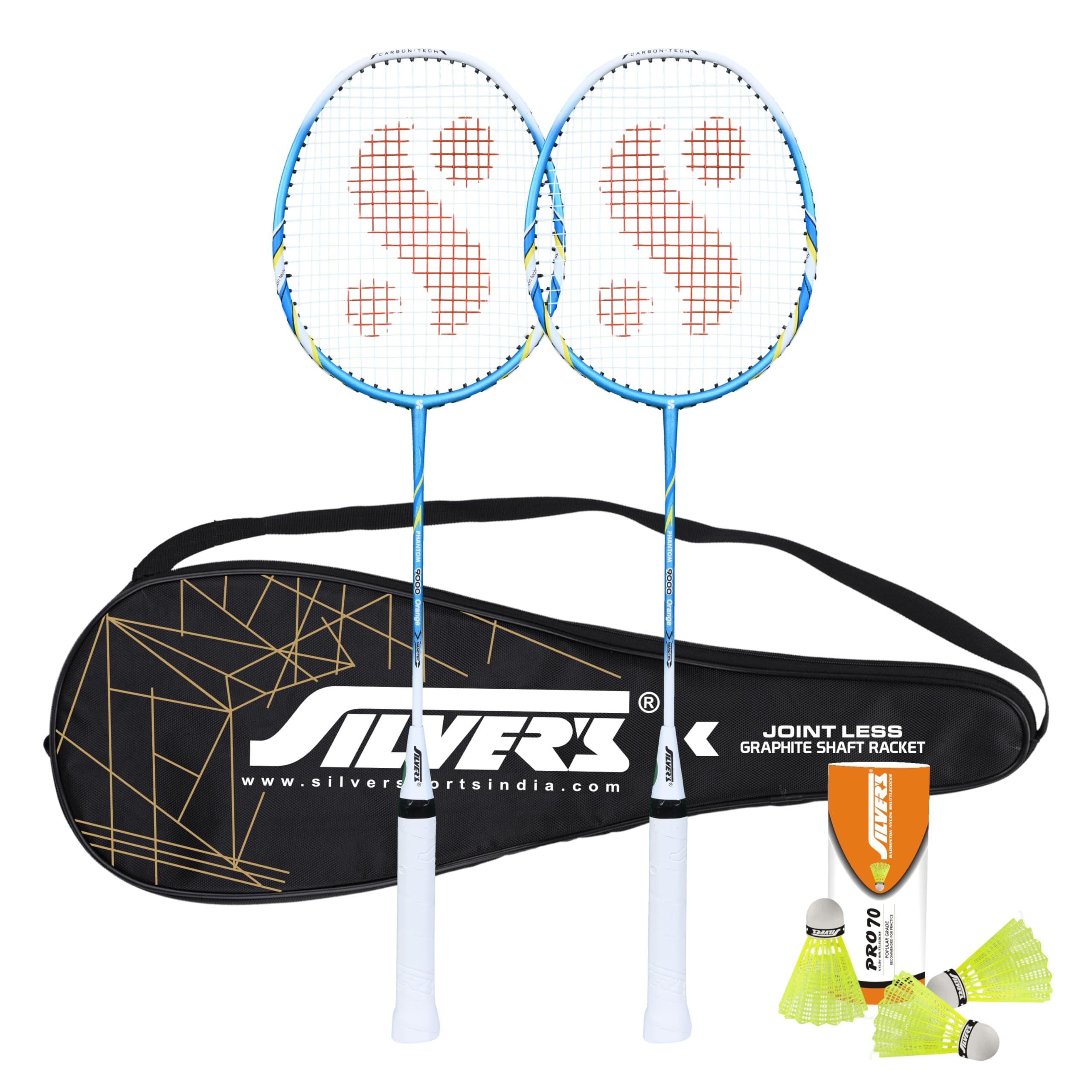 Silver's Graphite Shaft Jointless Phantom Badminton Kit (2 Racquets with Full Cover, 1 Box Nylon Shuttlecock Pack of 3) (Blue/White)-picture-31