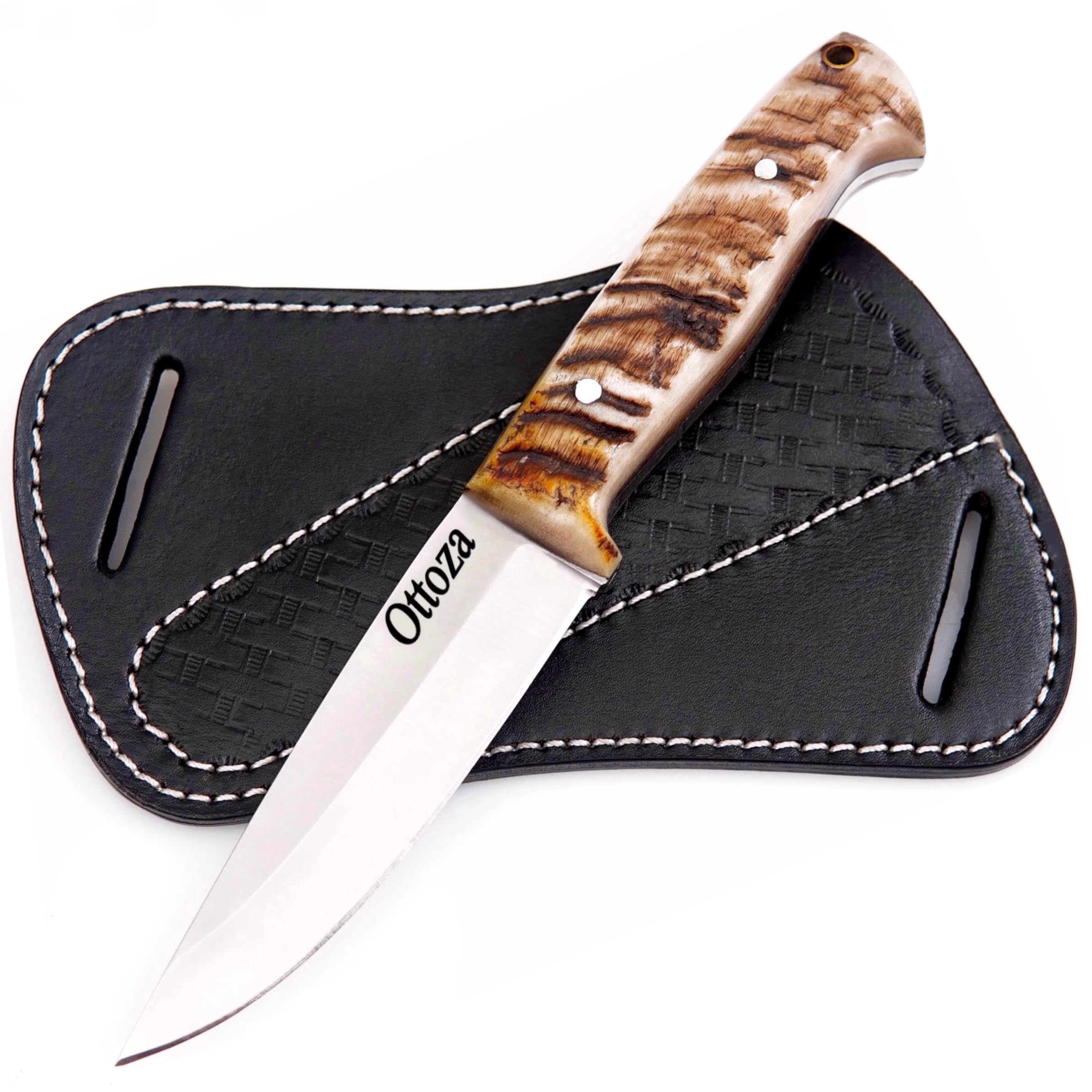 Ottoza Bushcraft Knife with Sheath & Ram Horn Handle - Outdoor, Survival, Camping Knife - 1095 High Carbon Steel Fixed Blade Hunting Knives for Men Cross Draw Sheath 425