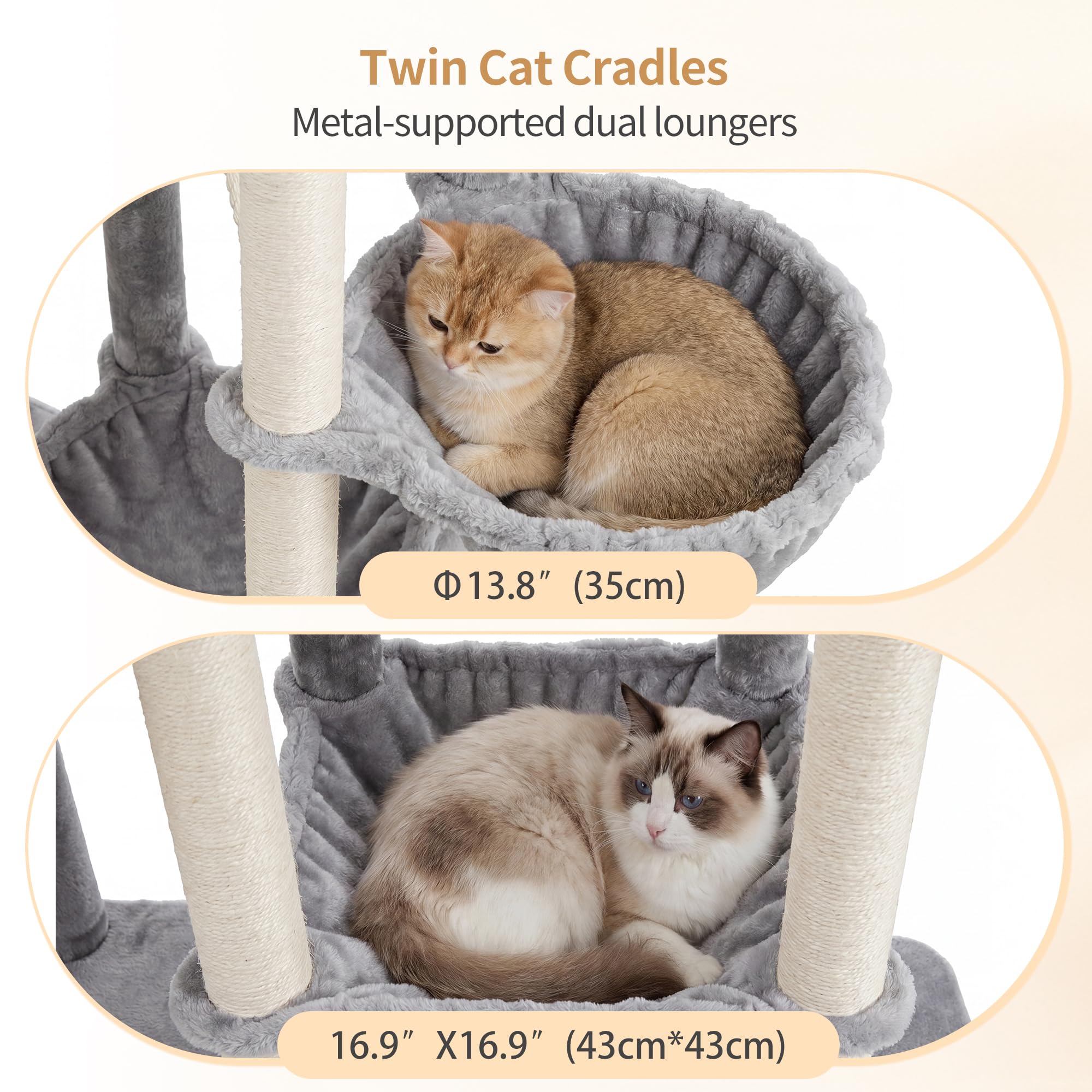 Heybly Árbol para Gatos 177 cm con 2 Plataformas Cesta Hamaca Cueva | 2 plataformas superiores,cueva doble,pelota y ratón de juguete,felpa suave,postes de sisal,para interior, Gris Claro HCT065W