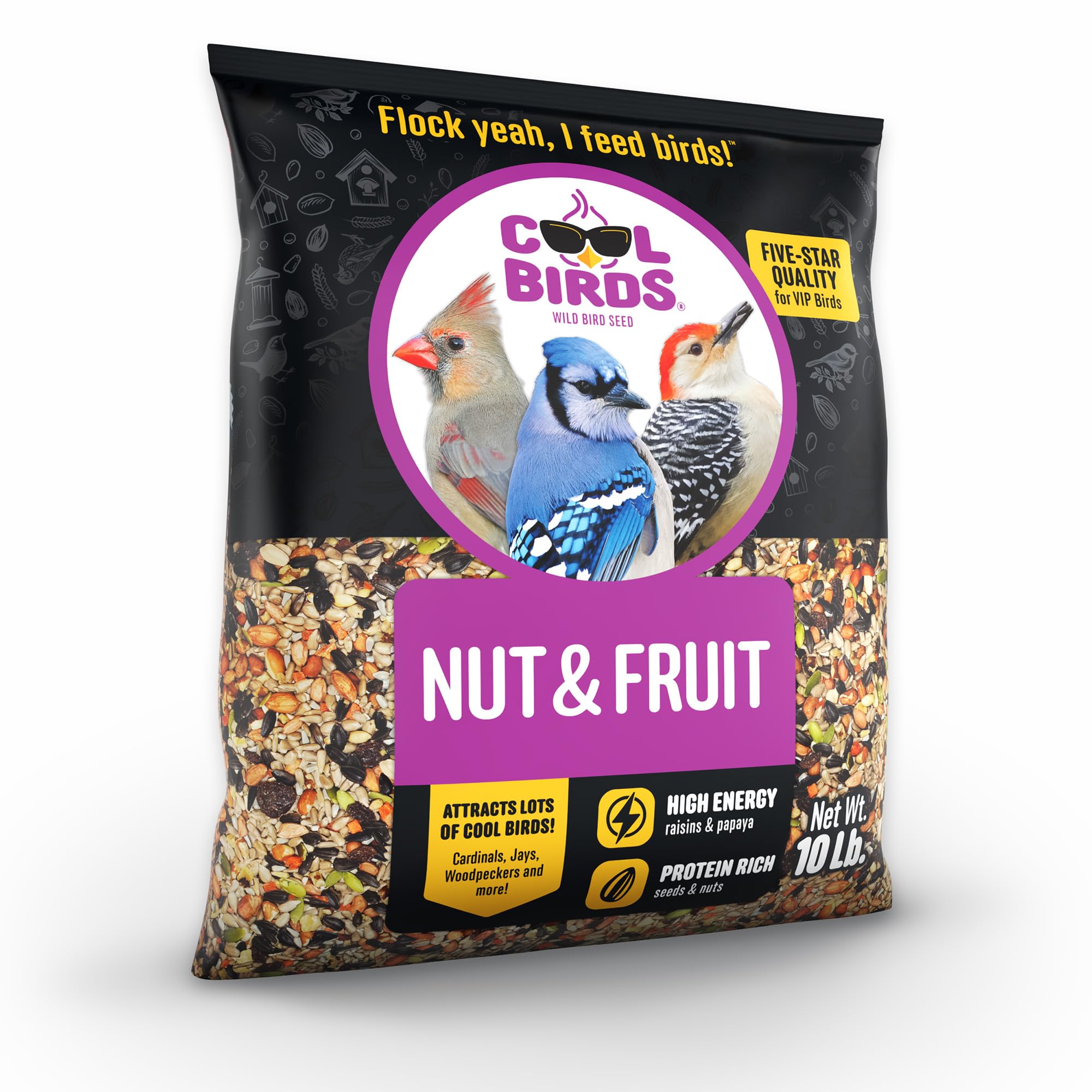 Cool Birds Nut & Fruit - Semi per uccelli selvatici, 4,5 kg, cibo per uccelli gourmet con cuori di girasole, arachidi, noci e frutta vera, senza mais, milo o miglio, per mangiatoie esterne