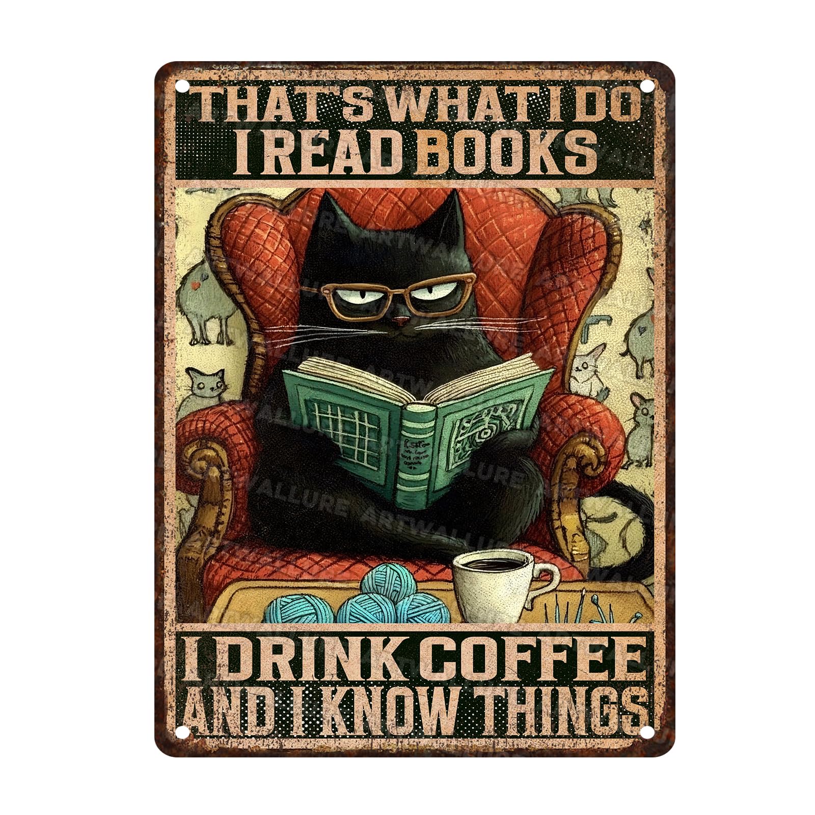 Blcak Cat Vintage Tin Sign Blcak Cat Read Books And Drink Coffee Sign for Wall Decor for Bedroom Bathroom Funny Retro Tin Sign 12x16inch