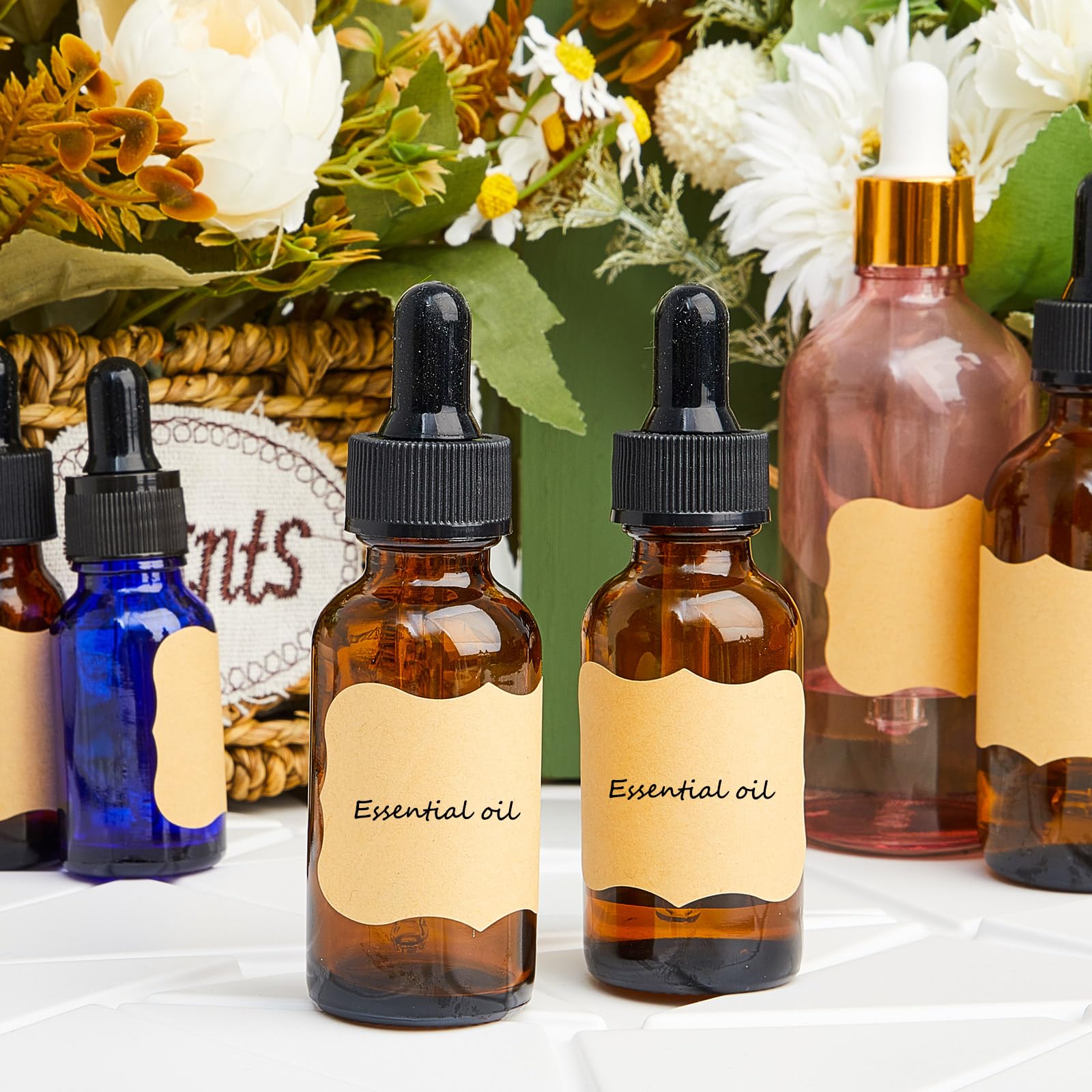 Lallisa Tropfflaschen für ätherisches Öl, 30 ml, Glas-Tropfflaschen mit Augentropfenspender, Tropfflasche mit 5 Trichtern, 5 Pipetten, 3 ml, 100 Etiketten für ätherisches Öl, Parfüm (Bernstein), 100