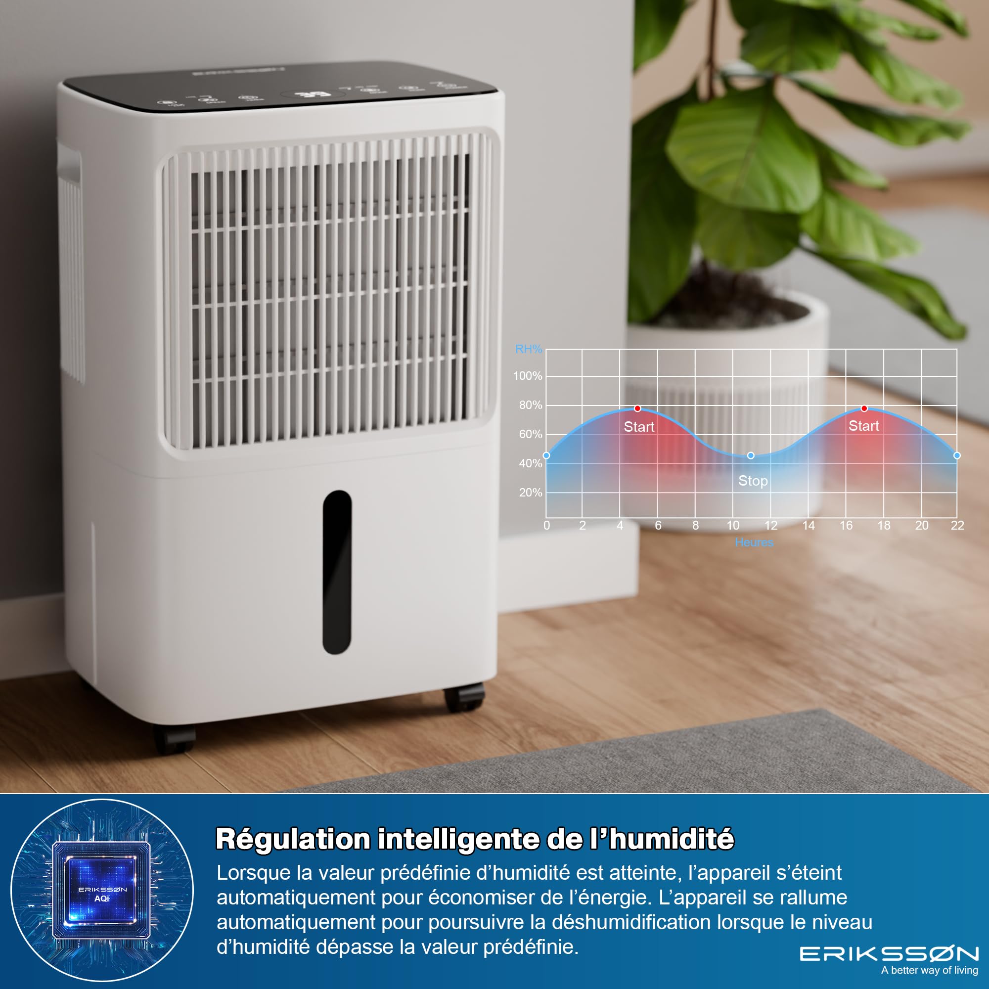 Déshumidificateur avec affichage LED, minuterie et sécurité enfant | Élimine 16 L d'humidité par 24 h | Pour une pièce d'environ 70 m² (140 m³) | écoénergétique avec capteur d'humidité