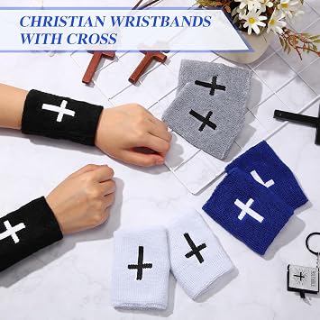 Shyyween 4 Sets Cross Sports Wristbands Christian Faith Inspirational Wristbands Absorbent Sweat Band Polyester Cotton Wrist Bands for Football Basketball Baseball Running Gym