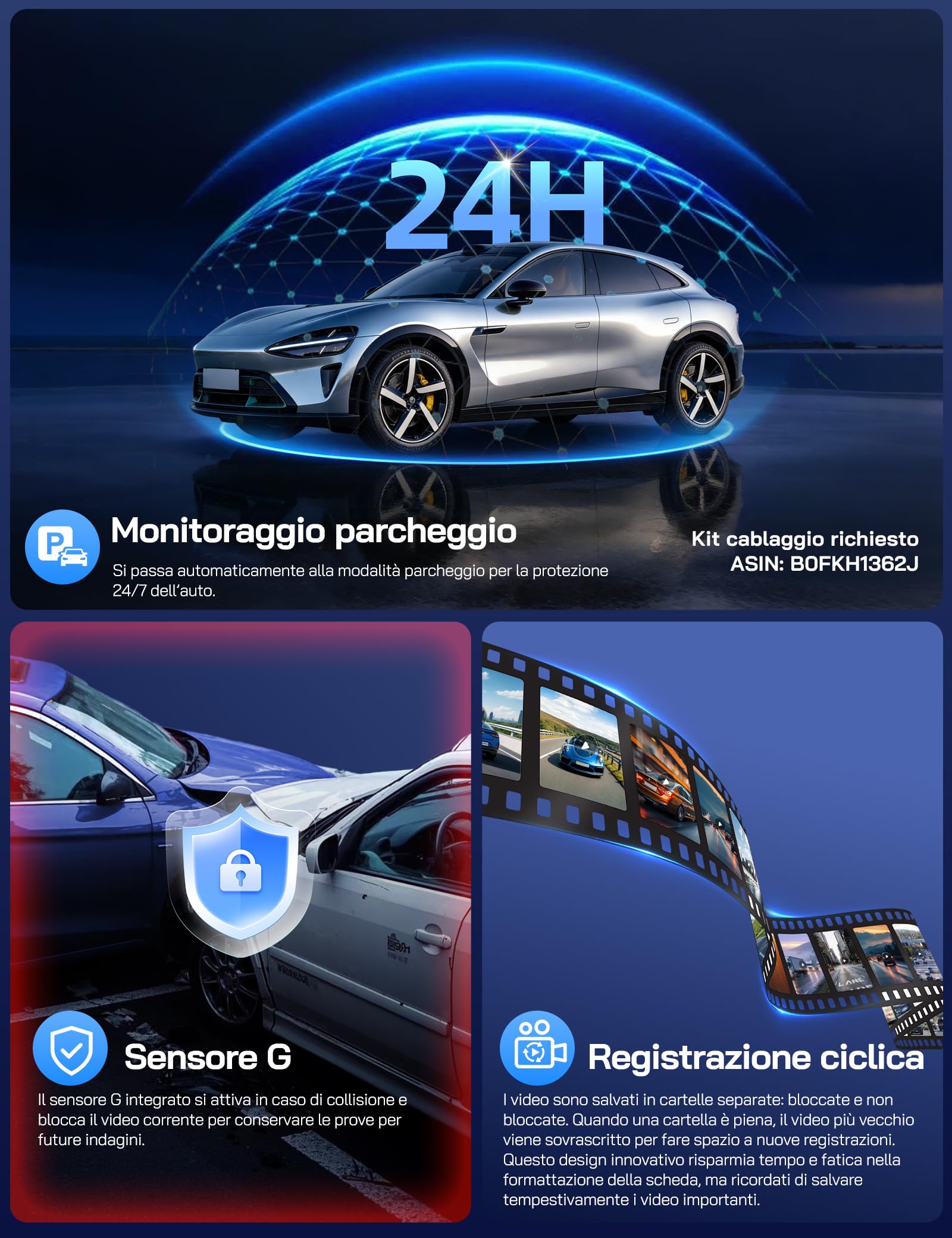 WOLFANG Dash Cam Auto 4K, Telecamera WiFi Tripla Anteriore e Posteriore, Schermo da 3.19", Super Dashcam con Visione Notturna, Monitor di Parcheggio, Sensore G, 170° Grandangolo, WDR
