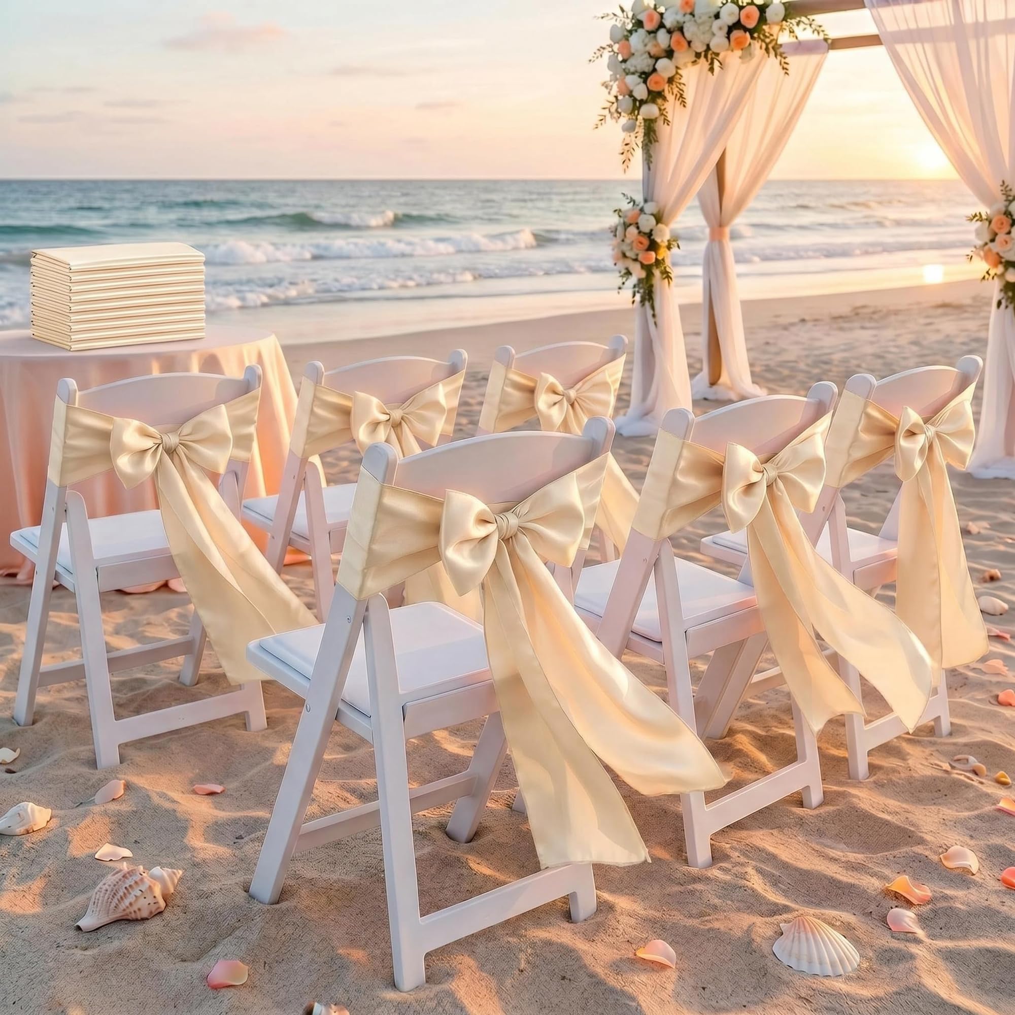 Paquete de 50 Bandas de Satén para Decoración de Fiestas, Lazo en la Espalda, Pajarita de Satén Suave para Sillas de Bodas, para Marcos Arco Decoración Boda Banquete Fiesta (Beige)