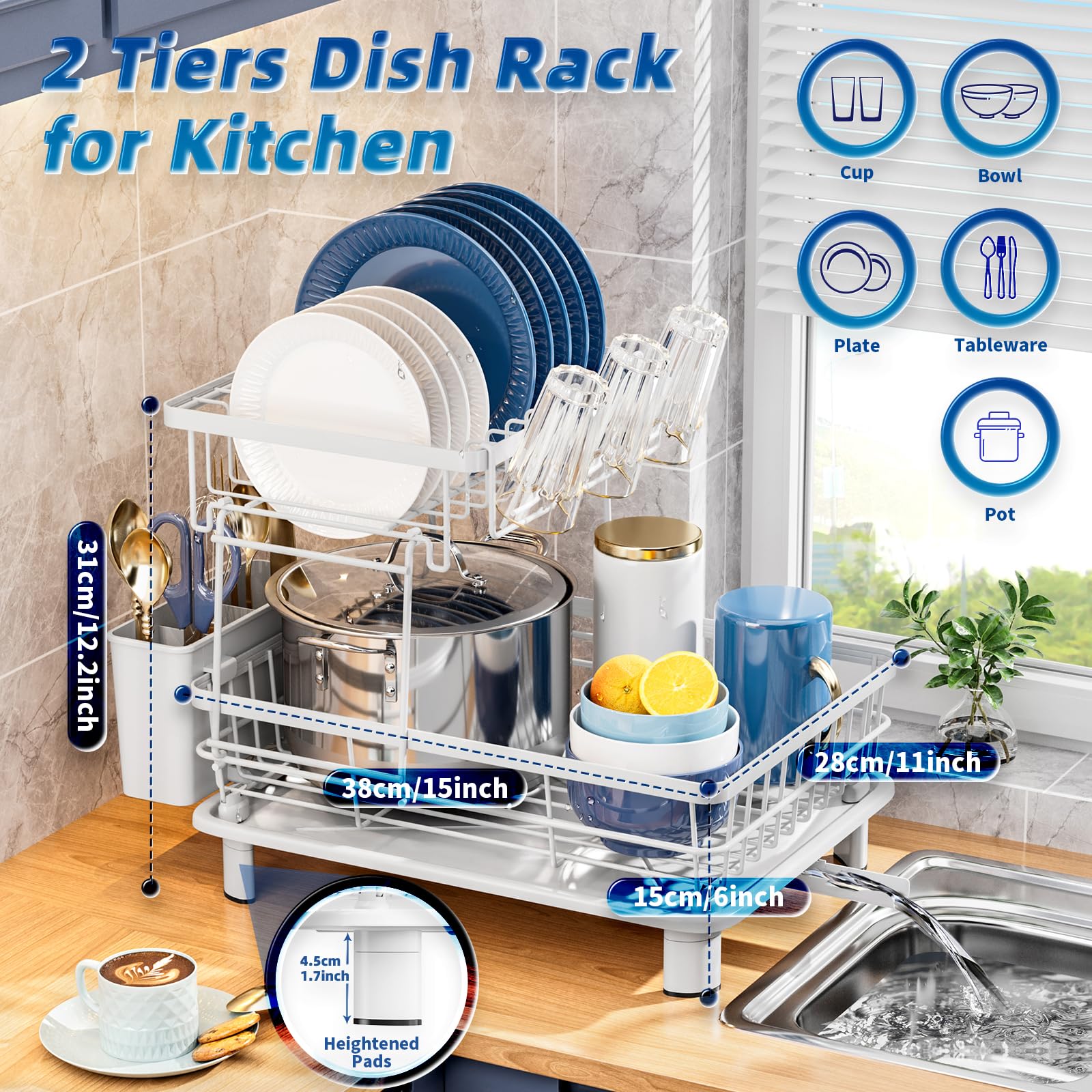 GAOKASE Escurridor de platos de 2 niveles, escurridor de platos que ahorra espacio para encimera de cocina, escurridor de platos con escurridor, soporte para utensilios y taza y boquilla giratoria