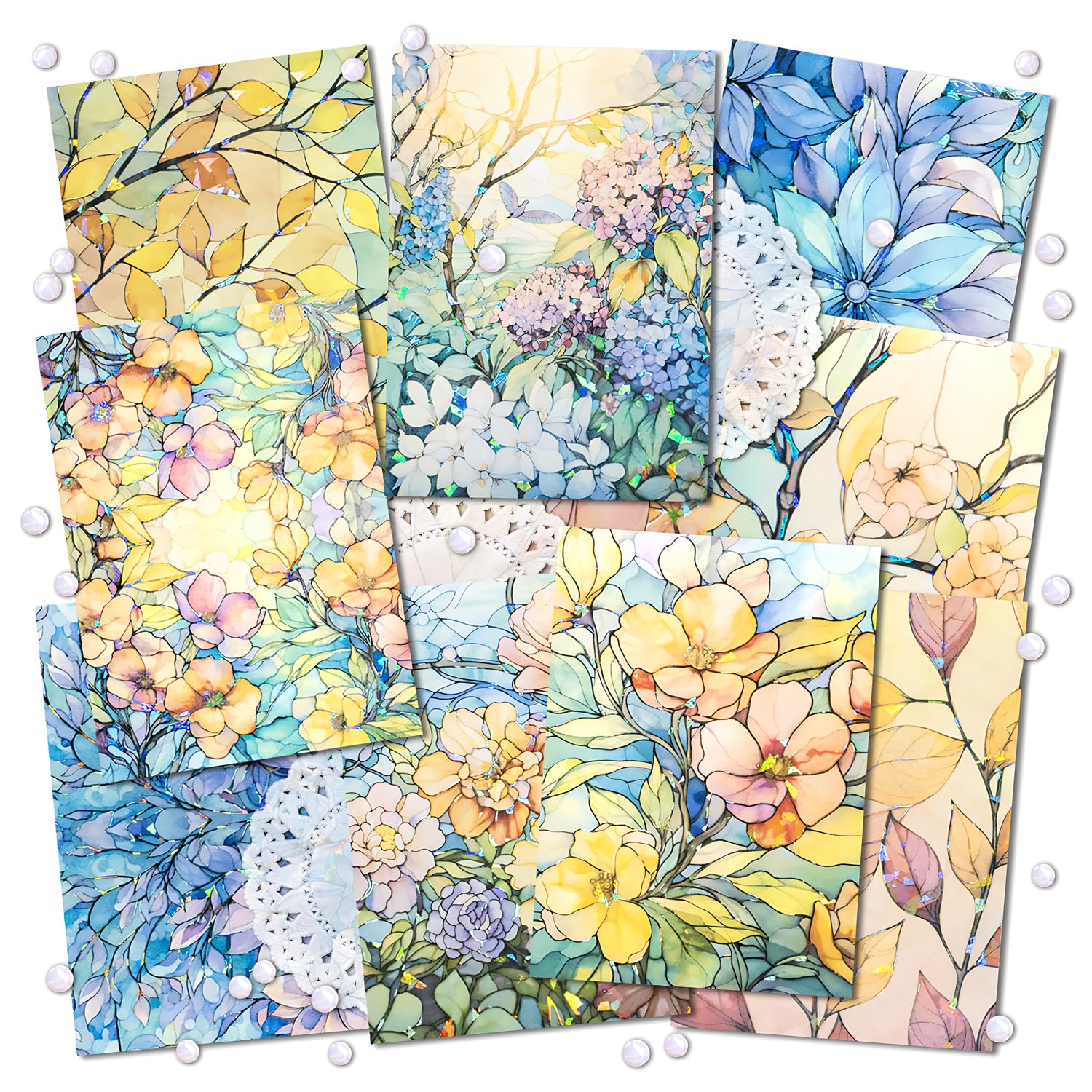 4 Packs Glitter Laser Floral Sticker Watercolor Flower Patterned Paper with Holographic Outline for Collage Journal Card Making Arts and Crafts (Glaze)