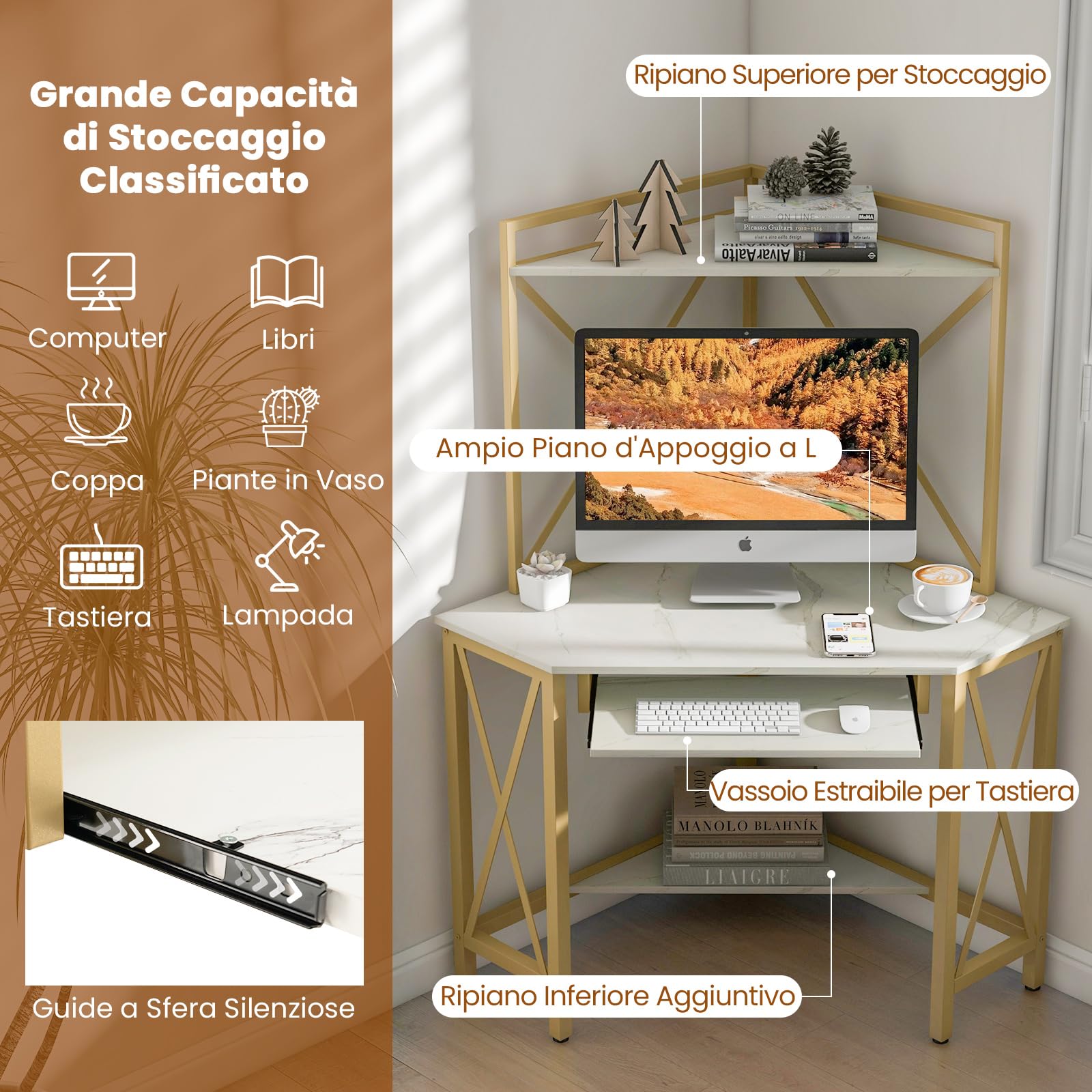 GYMAX Scrivania Angolare per Computer con Prese e Porte USB, Scrivania d'Angolo con Ripiani e Porta Tastiera, per Ufficio Casa Salvaspazio (Bianco)