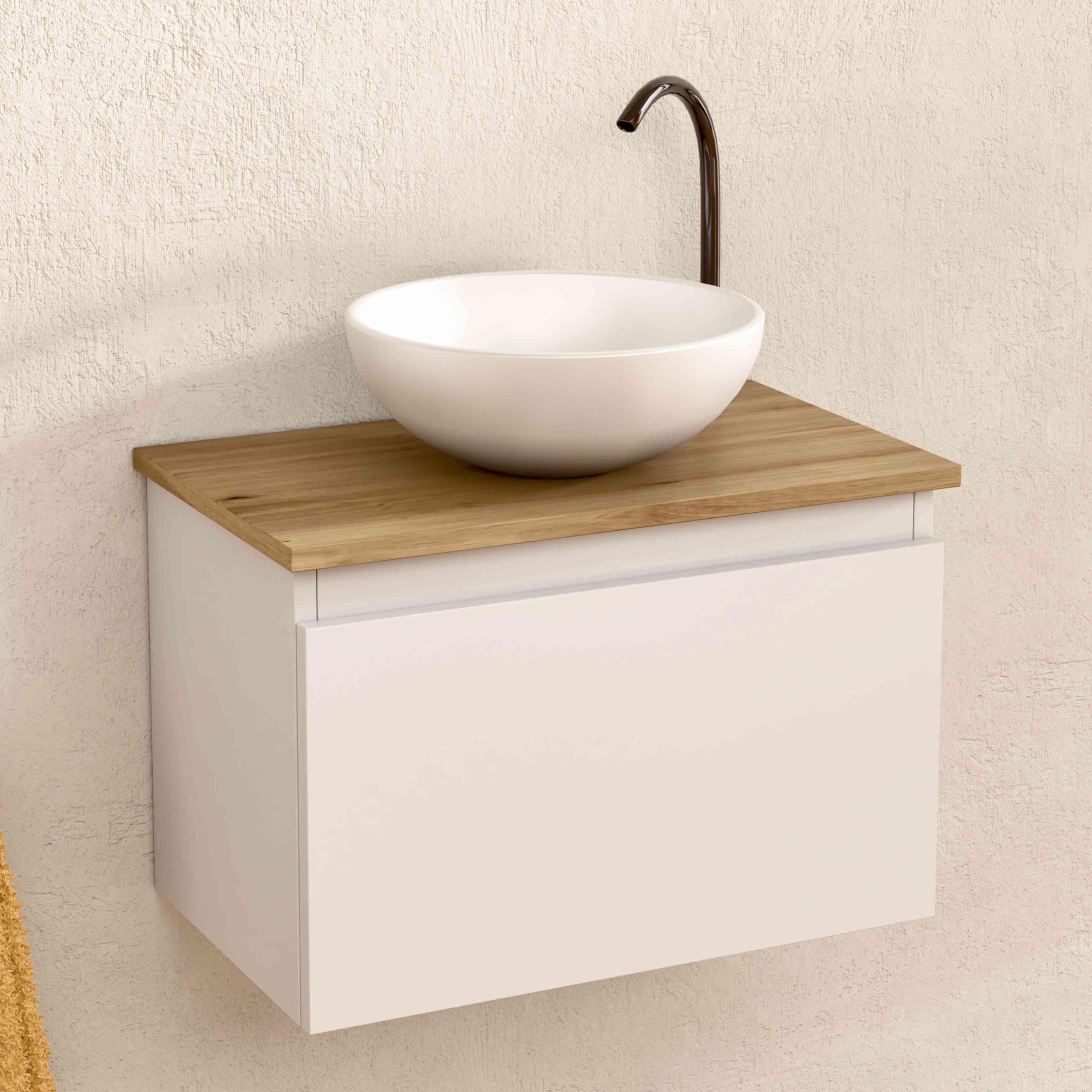 BELLOBATH - Mueble Baño Suspendido con Lavabo de Cerámica Redondo, Mueble Baño con Lavabo Montado con 1 Cajón, 49,5 x 32 x 30 cm, Mueble Blanco/Roble