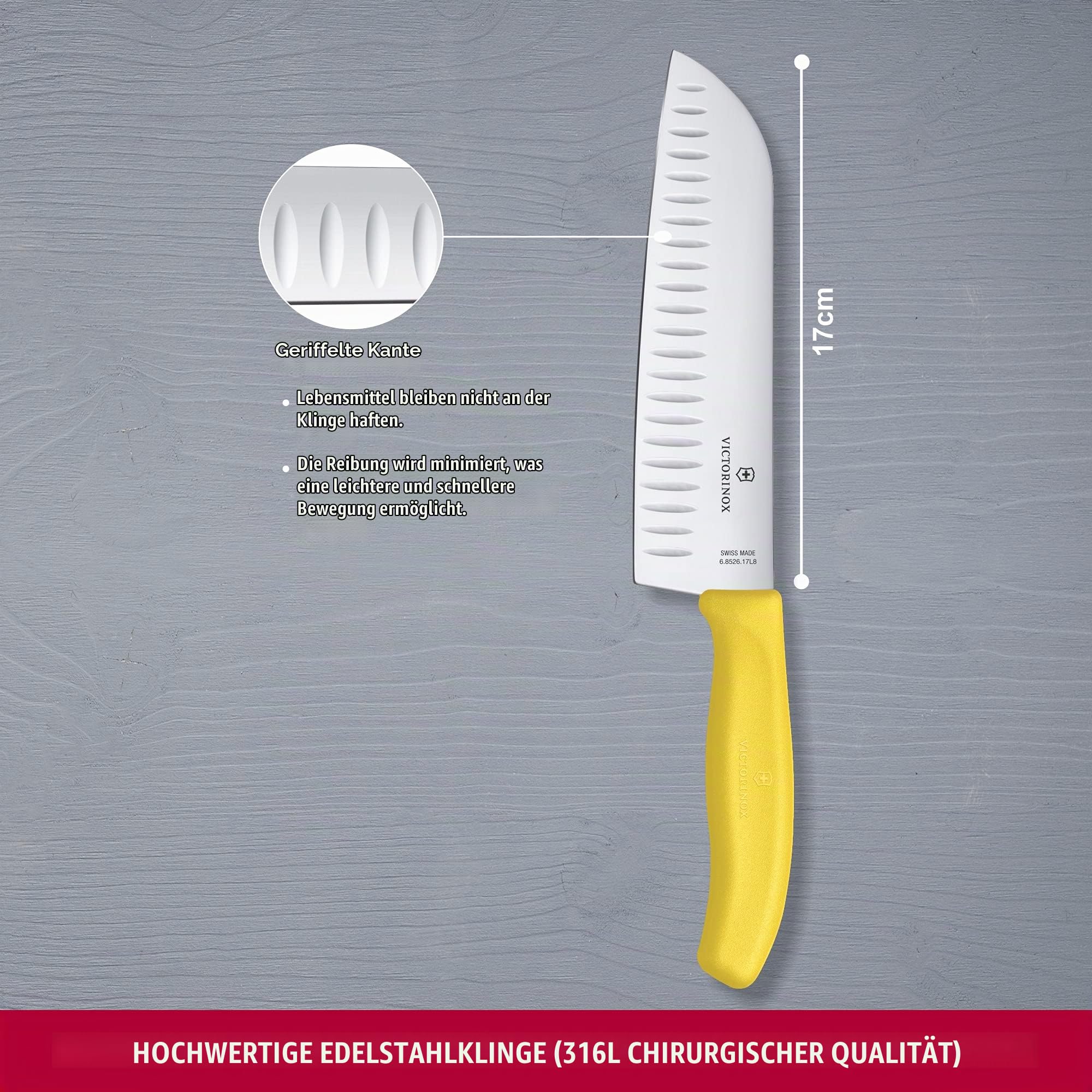 Victorinox Swiss Classic Santokumesser, Messer Asiatischer Art, Extra Scharfe Klinge, Kullenschliff, 17 cm, Rostfreier Stahl, Blister, Gelb – Ansicht 2