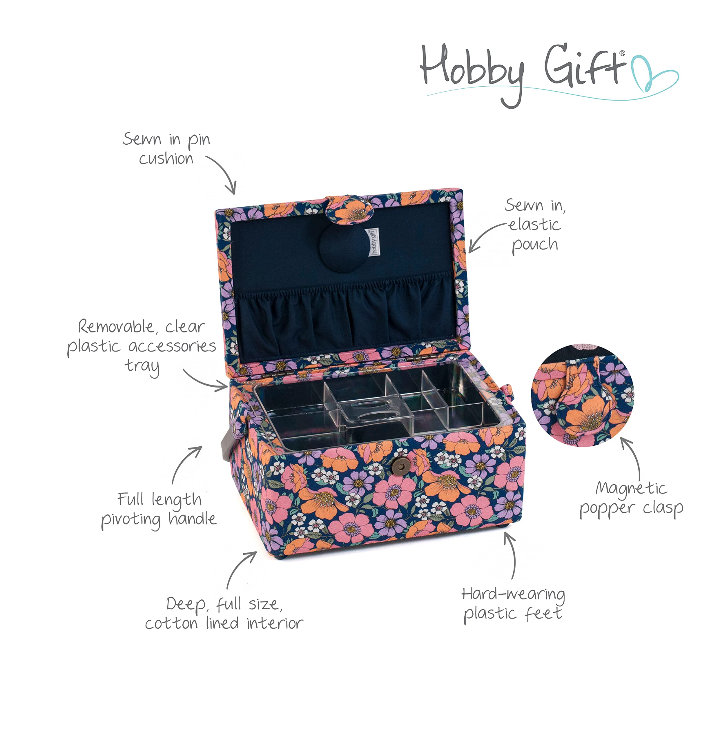 Hobby Gift, Caja de almacenamiento de costura media, tapa bordada, madera/tela, serenata de jardín