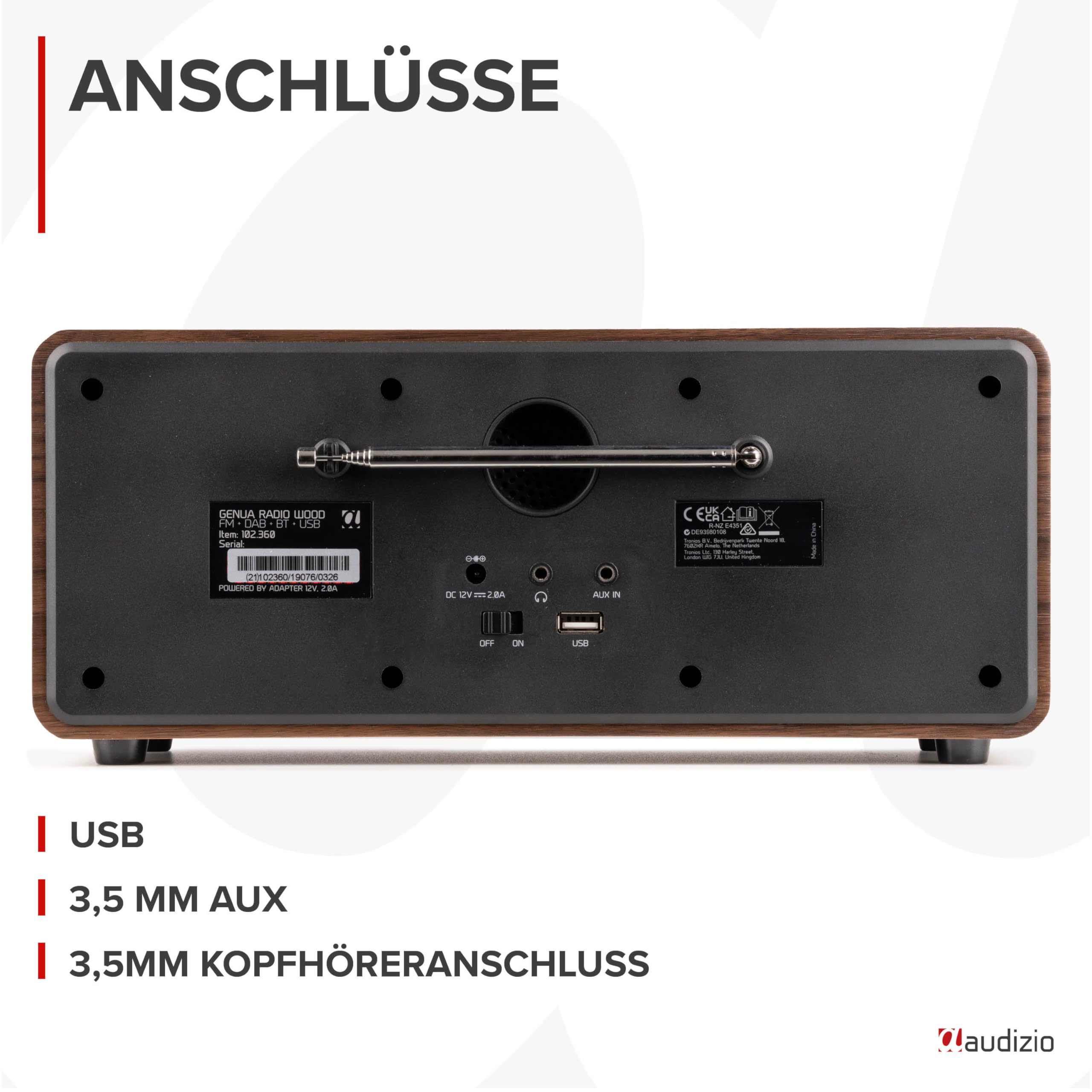 Audizio Genua DAB Radio mit Bluetooth – Stereo DAB Plus Radio mit Fernbedienung, 60 Speicherplätze, Auto Scan, Line-Out, USB, Ideal für Zuhause und Unterwegs, Einfache Bedienung - Holz Look