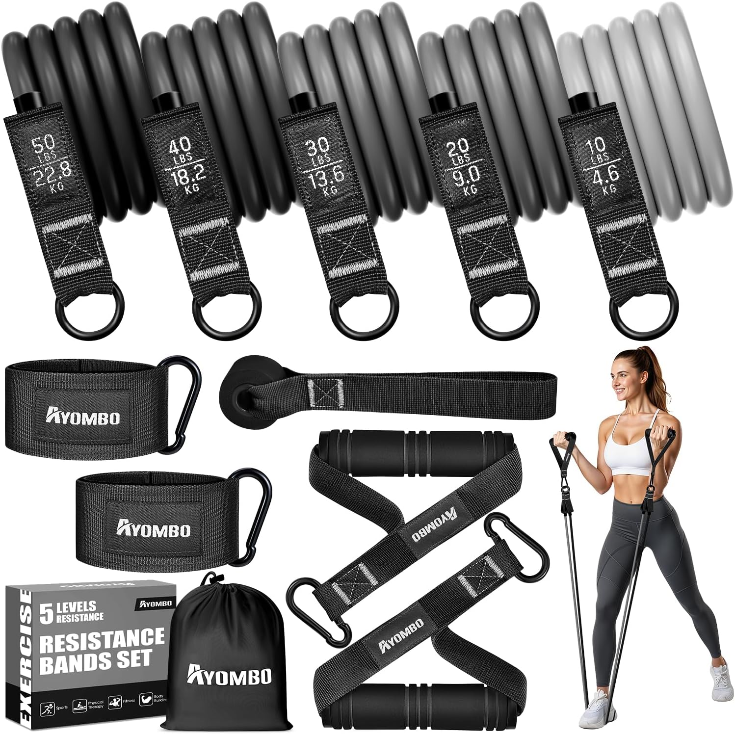 Ayombo Resistance Bands with Handles for Women, 150LBS Exercise Bands Set for Physical Therapy Yoga Pilates, 5 Level Workout Bands for Working Out with Door Anchor, Home Gym Fitness Equipment