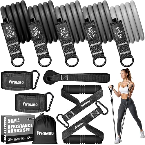 Ayombo Resistance Bands with Handles for Women, 150LBS Exercise Bands Set for Physical Therapy Yoga Pilates, 5 Level Workout Bands for Working Out with Door Anchor, Home Gym Fitness Equipment