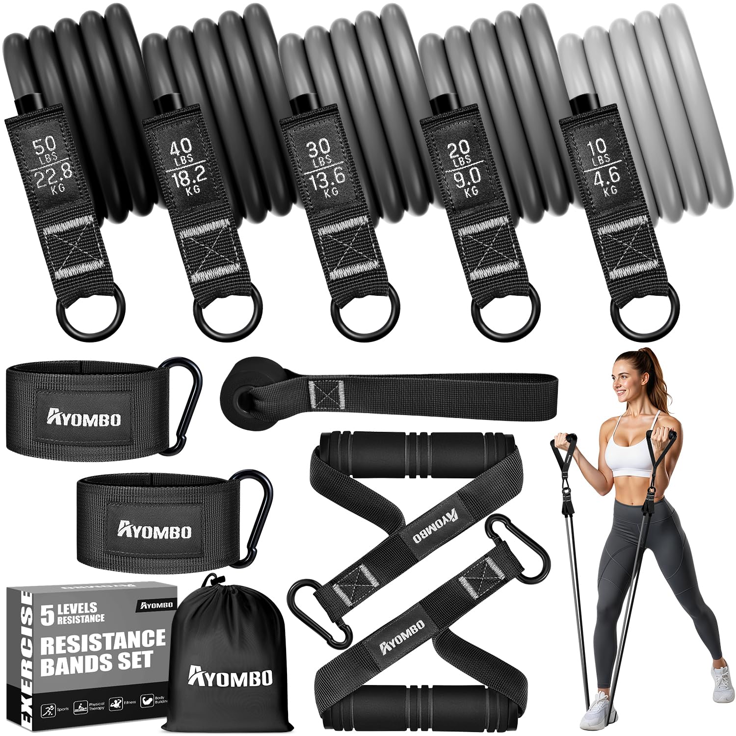 Resistance Bands with Handles for Women Exercise Bands Set for Physical Therapy Yoga Pilates 5 Level Workout Bands